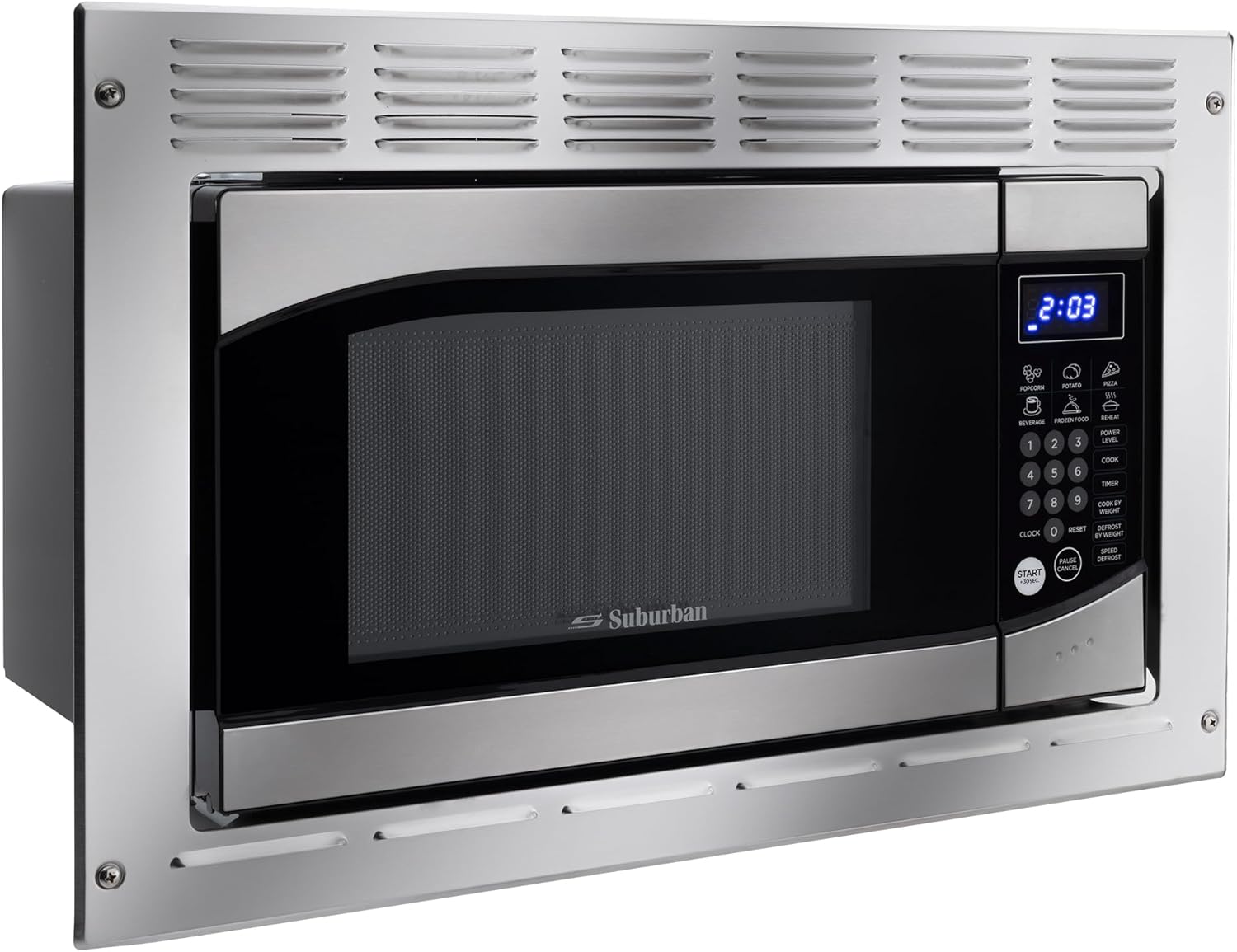 RecPro Suburban RV Built-In Microwave Oven 0.9 Cu. Ft. Stainless Steel with Trim Kit 900W Output | Touchpad Controls, Auto Cook & Quick Start | Compact Microwave for RVs and Campers