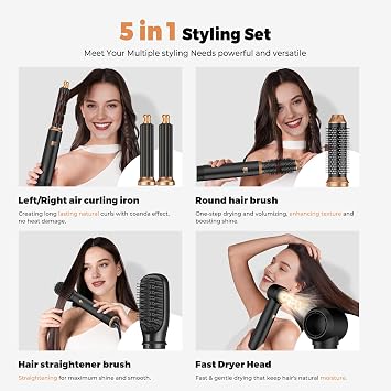 5 in 1 Hair Dryer Brush Set,Professional Negative Ionic Hot Air Styler, Air Curling Wrap Styler,Detachable Blow Dryer Brush With Auto Wrap Curlers,Hair Styling Tools For Straight/Curl/Drying/Smoothing