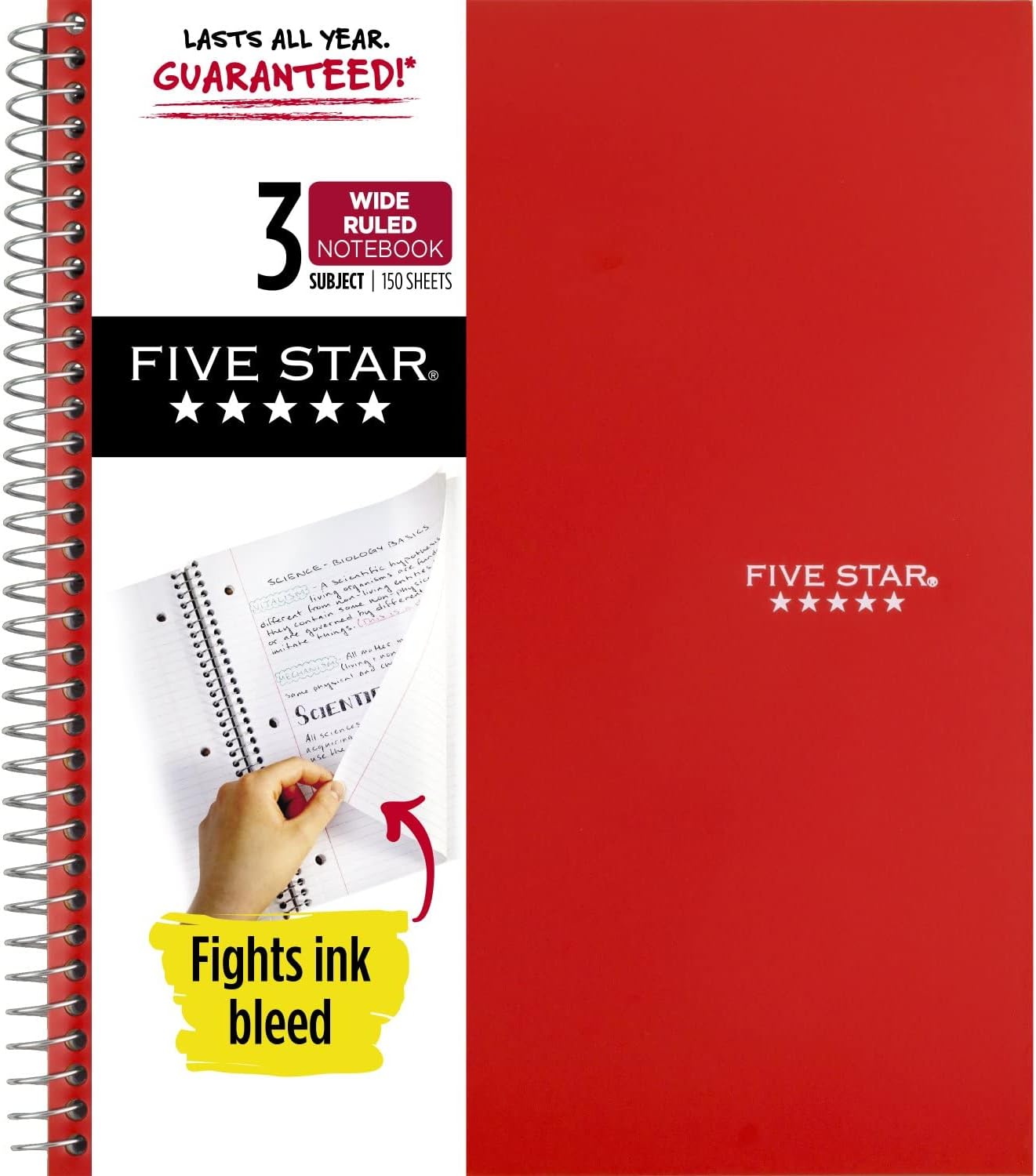 Five Star Spiral Notebook + Study App, 3 Subject, Wide Ruled Paper, 10-1/2" x 8", 150 Sheets, Red (72029)