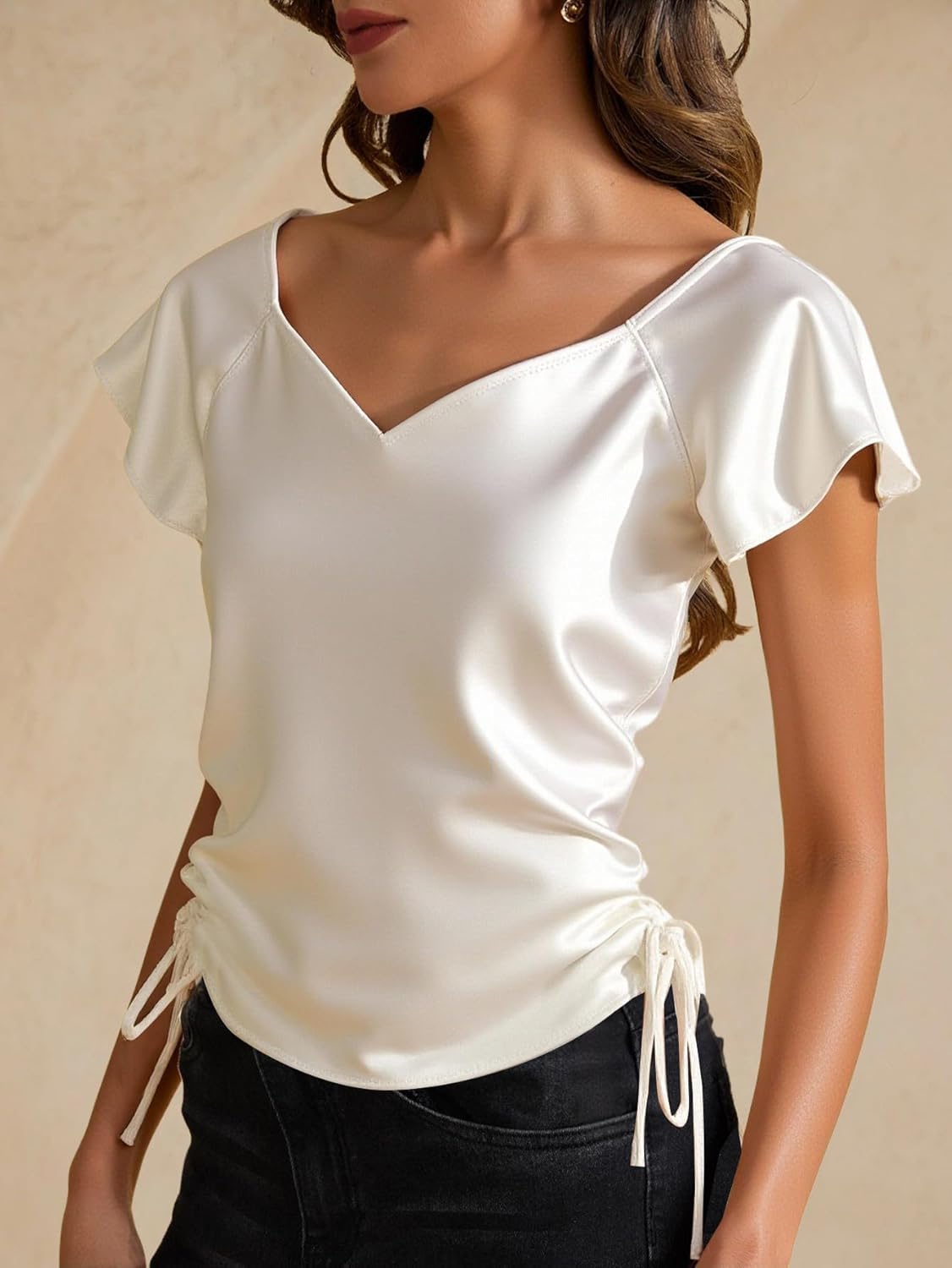 Women's Elegant Satin Ruffle Sleeve Blouse Drawstring Ruched V Neck Dressy Casual Tops - Image 4