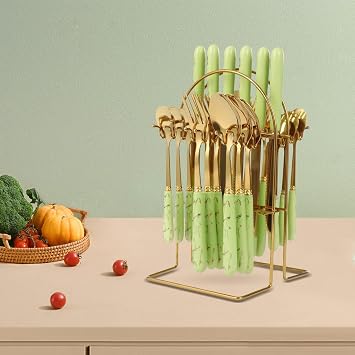 Stainless Steel Flatware Set, 24 Piece Cutlery Set with Holder, Service for 6, Spoons Forks Knives Set, Hanging Set for Restauroom Wedding Birthday Parties (Gold+Green)
