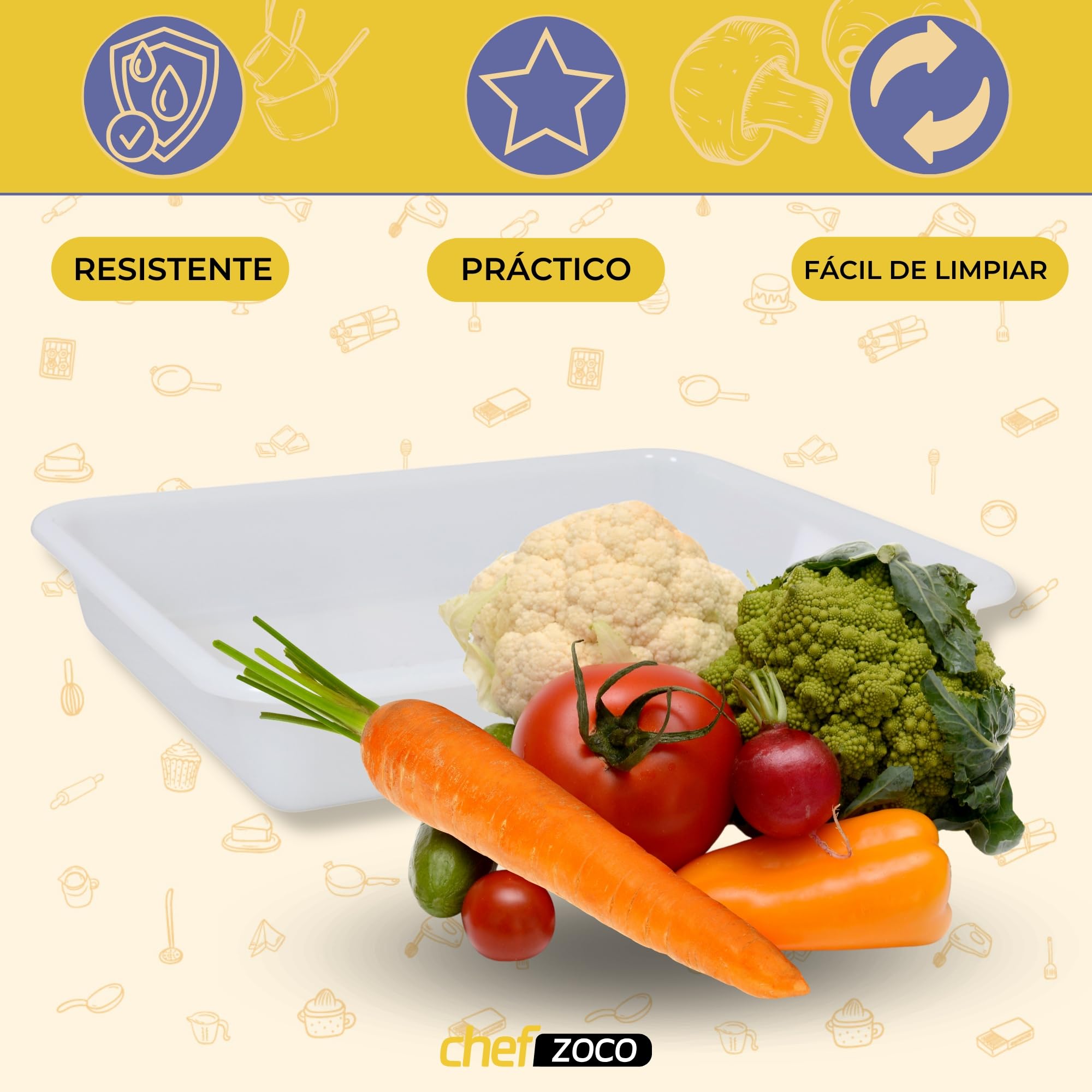CHEFZOCO Bandeja para frigorífico, Bandeja para hostelería, Bandeja frigorífica para alimentos, Apta para contacto con alimentos, Medidas 35 cm Largo x 27.5 cm Ancho x 6 cm Alto, Plástico, Blanco