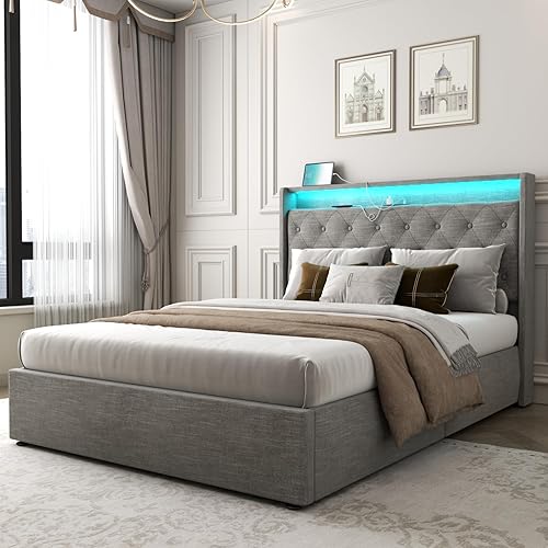 Miniatura 48 de Loomie Base de cama King con estación de carga y luces LED, cama tapizada con cabecera de almacenamiento copetuda con botones, almacenamiento Gris