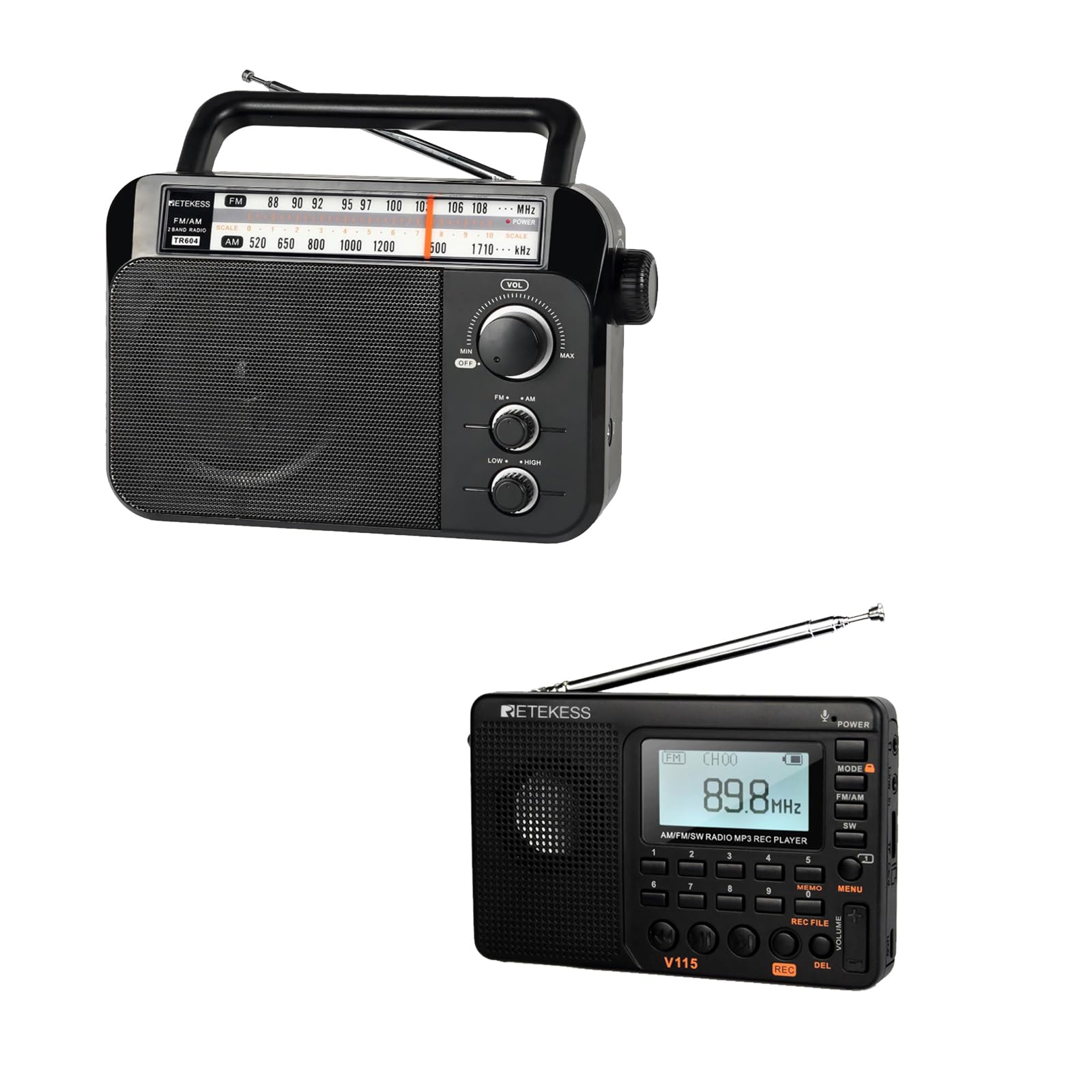 Retekess TR604 Radio Portatil Bundle with V115 Radio, Transistor FM AM, Grandi Altoparlanti, Supporto USB AUX TF,Batteria Ricaricabile,Registra il Suono,Bassi