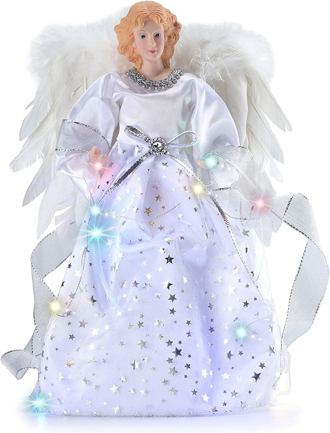Angel Christmas Tree Topper, Gold Angel Tree Topper, LED Lighted Xmas Tree Topper with Wings USB Powered
