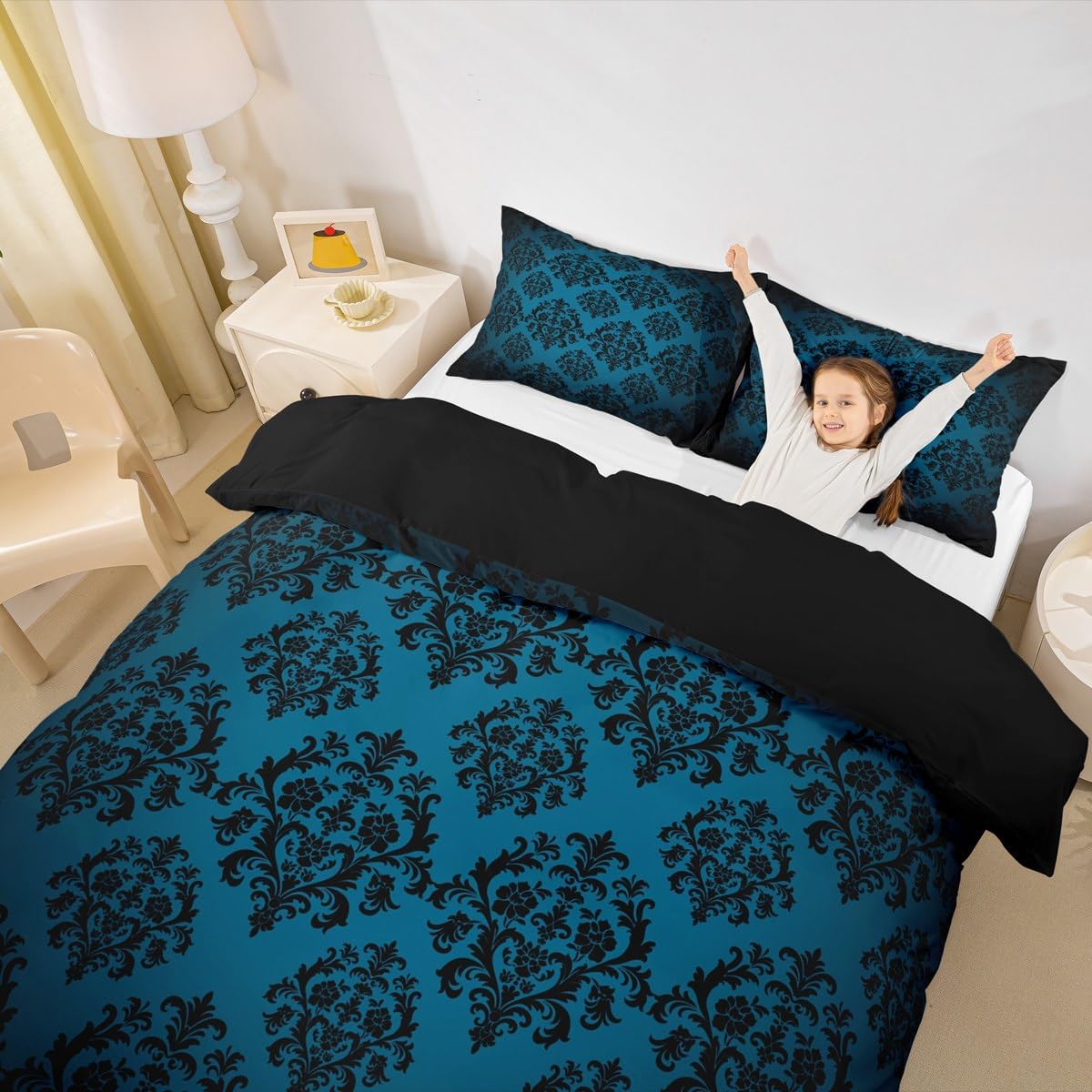 Gothic Damask Bedding Set Queen Size,Vintage Floral Print Duvet Cover 3pcs for Kids Boys Woman,Bohemian Exotic Printed Comforter Cover,Black Blue Farmhouse Style Quilt Cover,Not Comforter