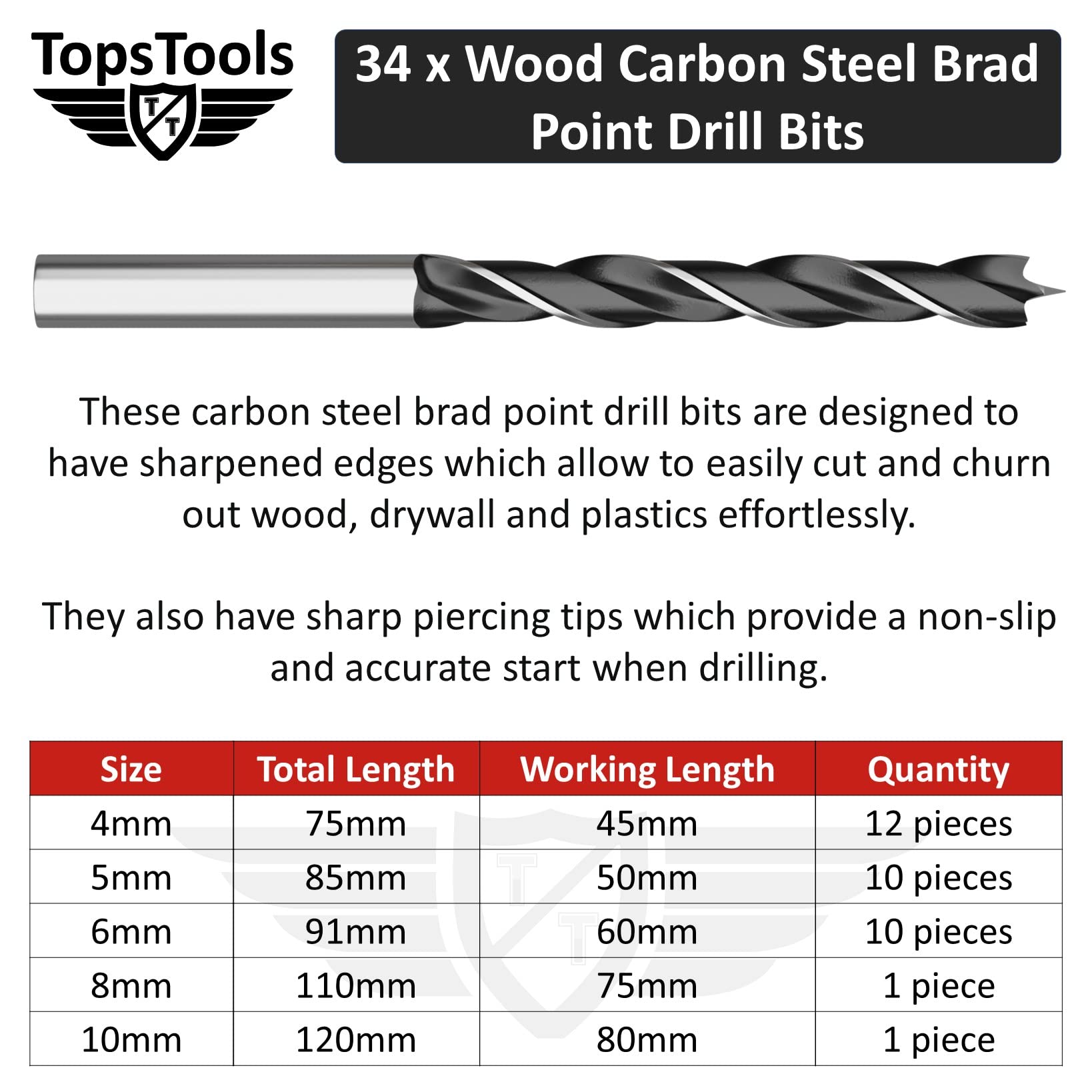 TopsTools 151pcs TT151TW 1mm 10mm Legno Cemento Mattone Punte trapano | Mixed HSS, carbide masonry e brad-point legno bits offrono durevole foratura across metallo, masonry, legno e plastica