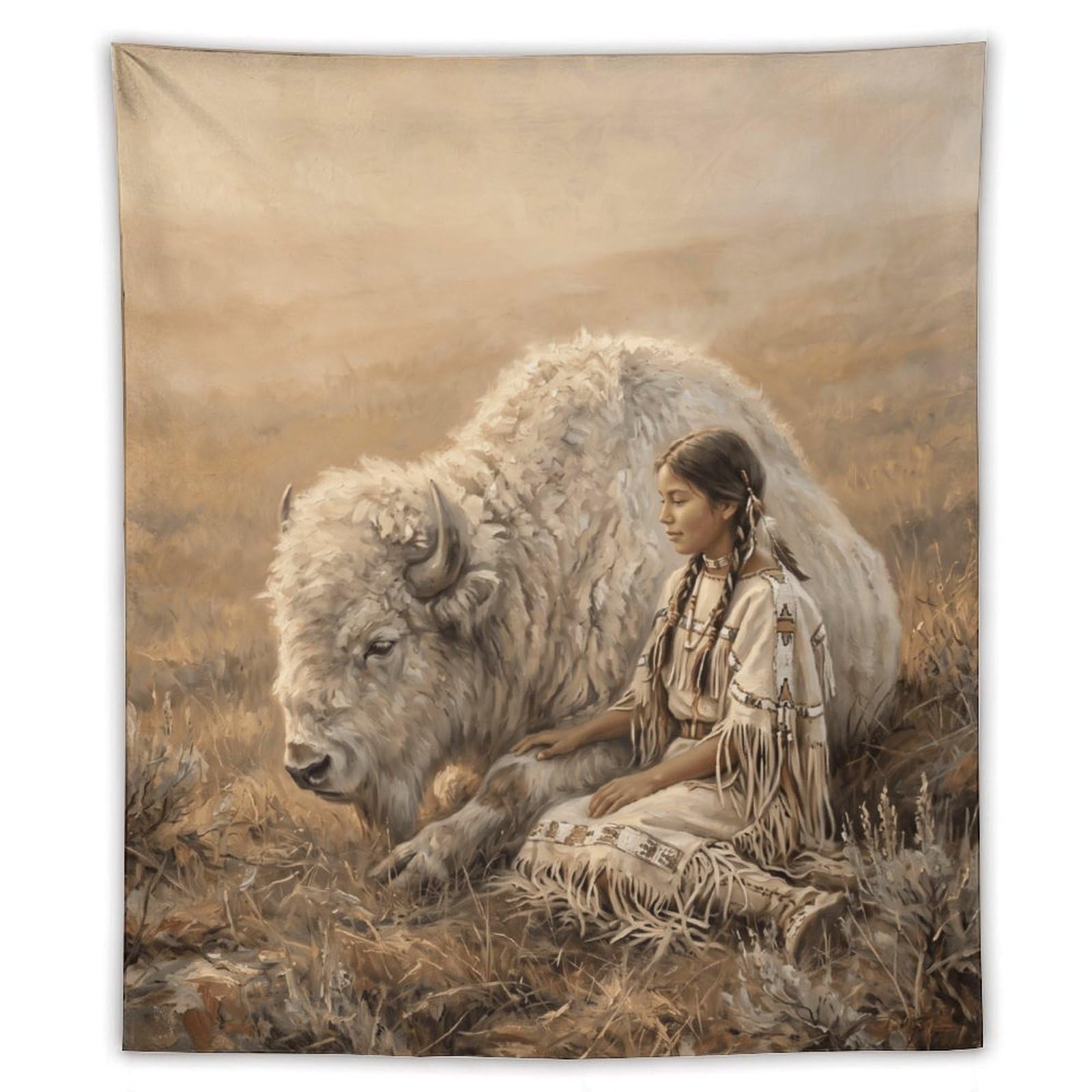 H3B8U2Y5 White Buffalo Woman Prairie Wall Tapestry, Realistic Illustration