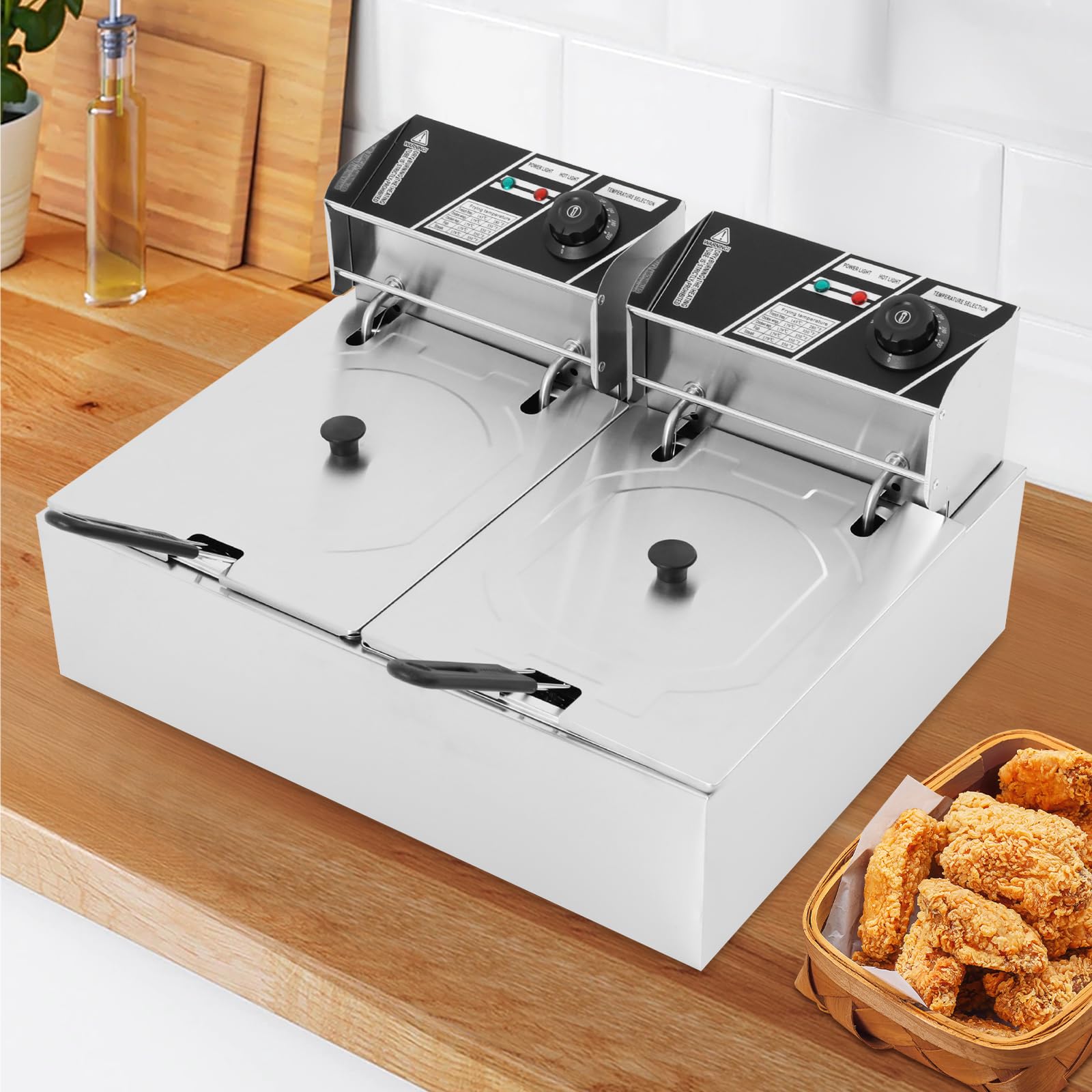 Friggitrice elettrica doppia vasca da 6 l, friggitrice professionale in acciaio inossidabile 201, termostato indipendente 60-200 °C, 2 cestini, 2,5 kW × 2, ideale per ristorante, snack