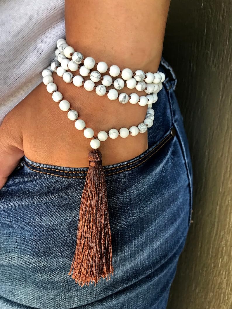 Naturalne koraliki HOWLITE 6 mm 108 mala, duchowe, koraliki do medytacji, Reiki, Japa Mala, buddyjskie koraliki modlitewne, bransoletka do jogi, koraliki lecznicze