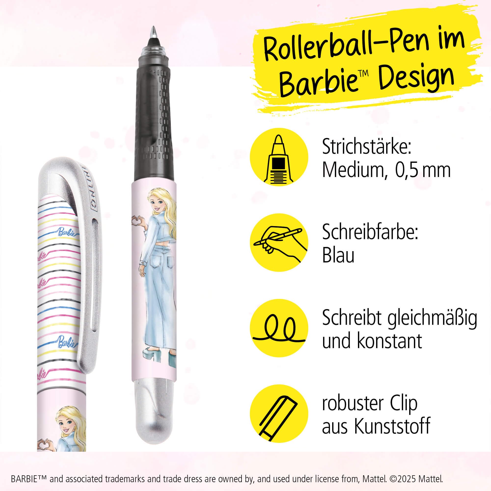 Online College Malibu Rollerball Pen with Cartridge I Ergonomic Rollerball Pen for Right and Left-Handed Users with Cool Barbie Design I Rollerball Pen Children 0.5 mm I Includes Combination Cartridge - Image 2