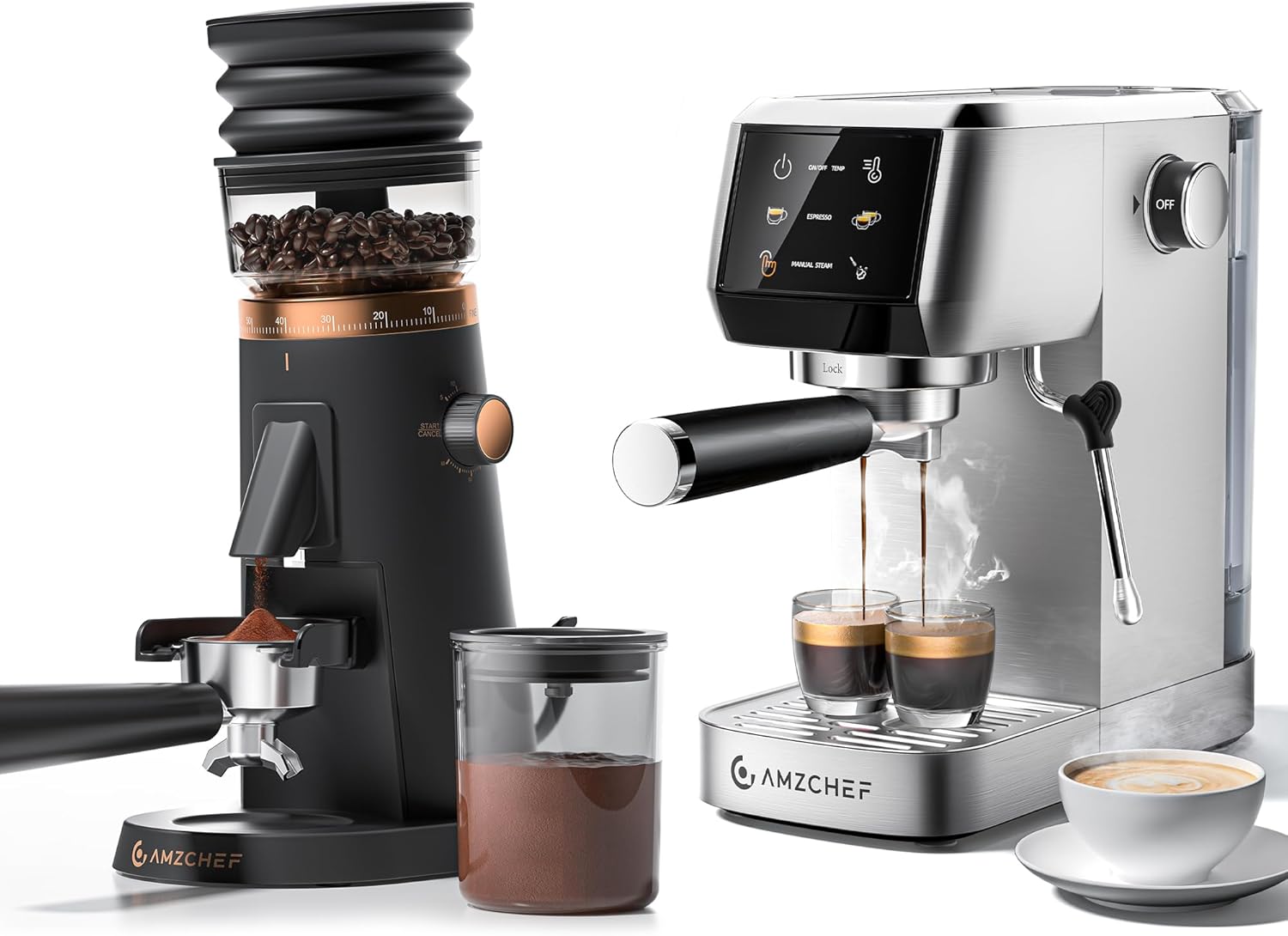 AMZCHEF 51mm Espresso Machine & Single Dose Grinder Bundle – 20 Bar, 30s Preheat, 3 Temp Settings, 75-Setting Conical Burr, Anti-Static, Low Retention for Home Barista