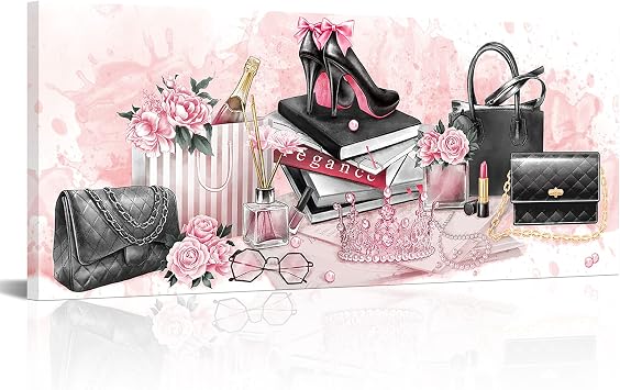 Kalormore Pink Fashion Accessories for Woman Picture Poster High Heel Shoes Pearl Crown Handbag Perfume Canvas Prints Large 48"x20" Artwork for Girl Bedroom Makeup Room Wall Decoration