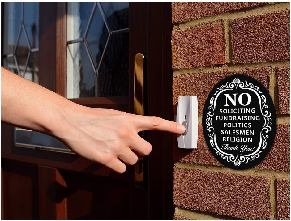 Signs Authority | No Soliciting Sign for House | 6"x 4.75" Dibond Aluminum - Durable Metal - Easy Installation - Laser Cut Oval Sign For Front Door - Home or Private Property Signage (Black)