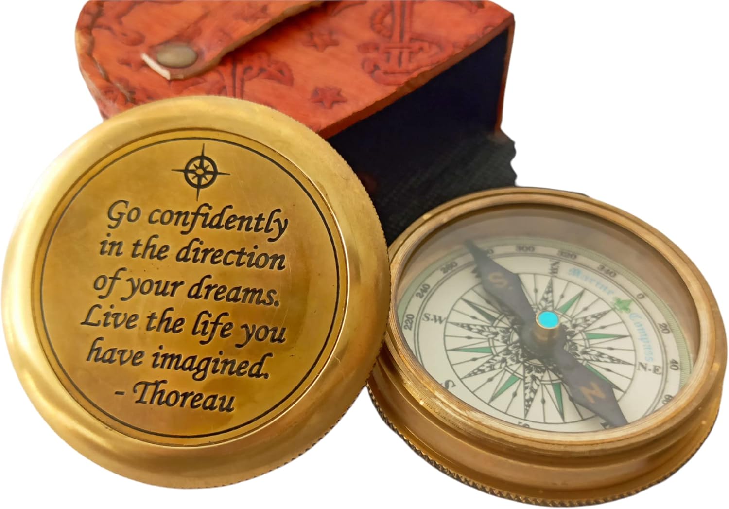 Go Confidently Engraved Compass with Thoreau Quote & Robert Frost Poem | Gift for Son, Grandson, Brother | Graduation Day Camping Magnetic Compass with Leather Case