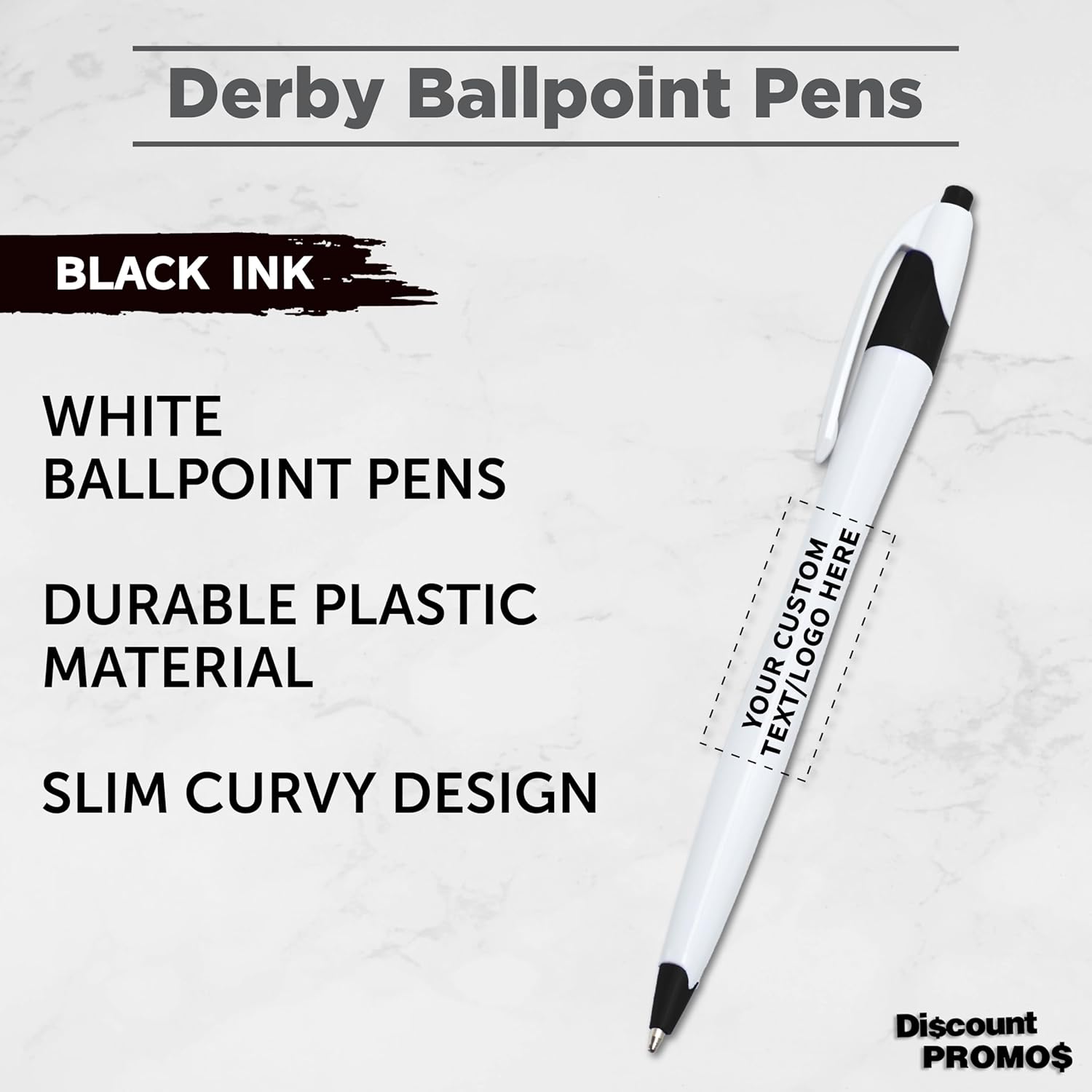 Personalized Ballpoint Pens Set of 10/50/100 by DISCOUNT PROMOS- Black Ink, Slim & Curvy Design, Retractable, Ideal for Office, Corporate Merchandise, Tradeshows- Black