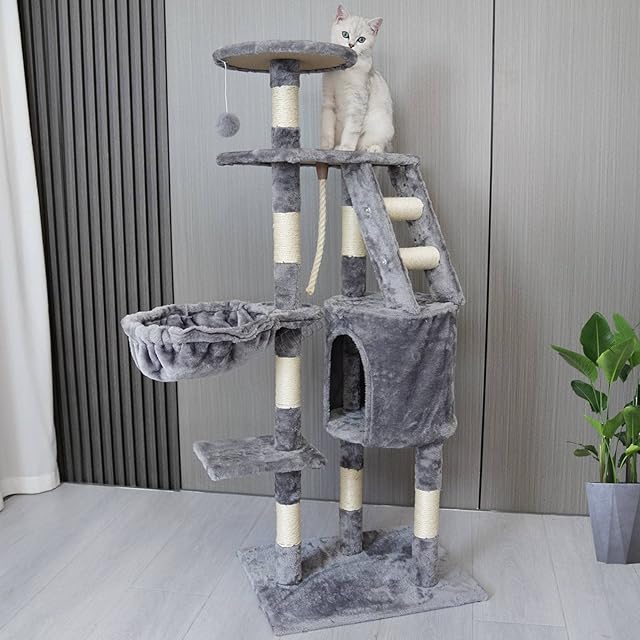 FoxHunter 47" Cat Tree Climbing Tower Plush Perch Condo Scratching Post Kittens Pet Indoor House Play Activity Centre CAT005 Light Grey