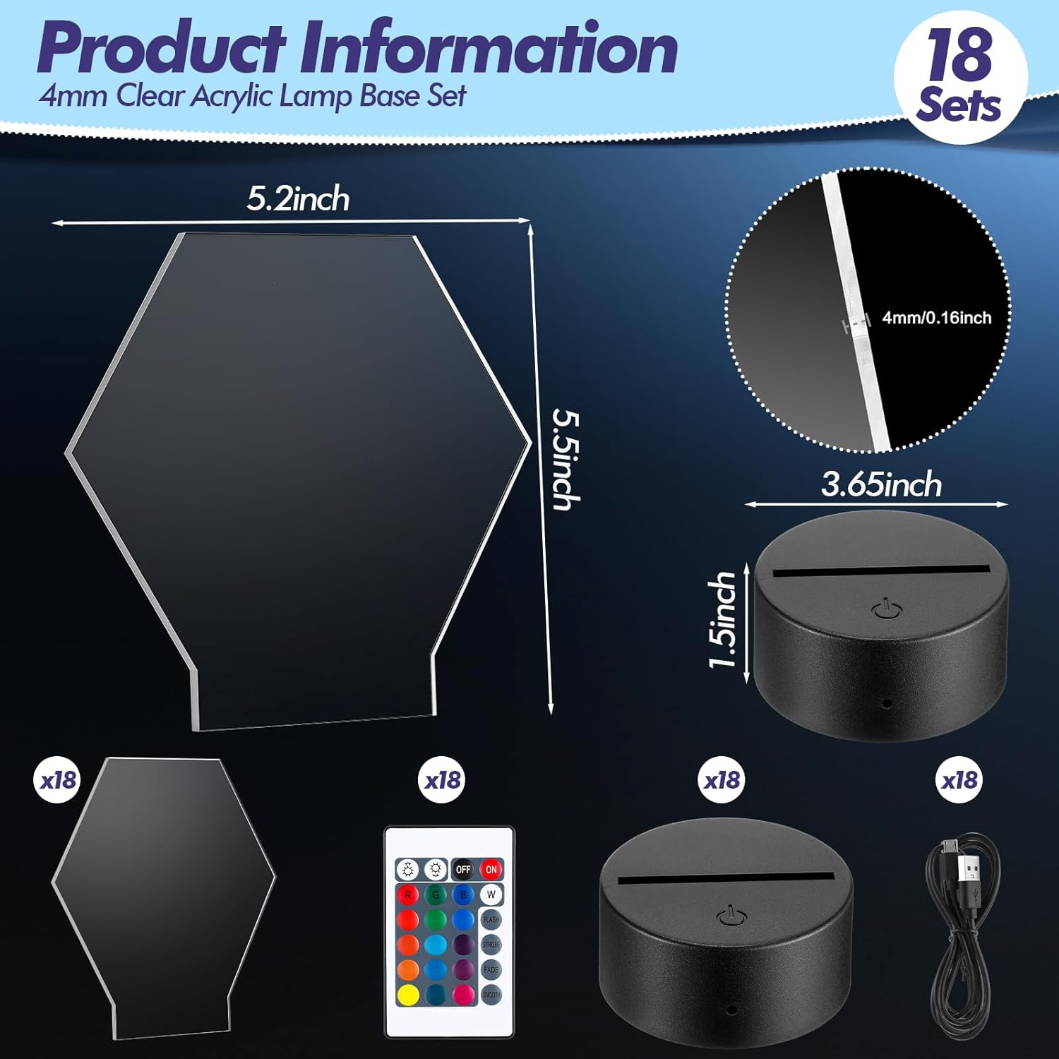 Hortsun 18 Sets 3D Night LED Light Lamp Base with 18 Pieces Blank Acrylic Sheet, 16 Colors LED Light Display Base with Remote Control and USB Party Decorative Light Lamp Base for Home Shop (Hexagon)