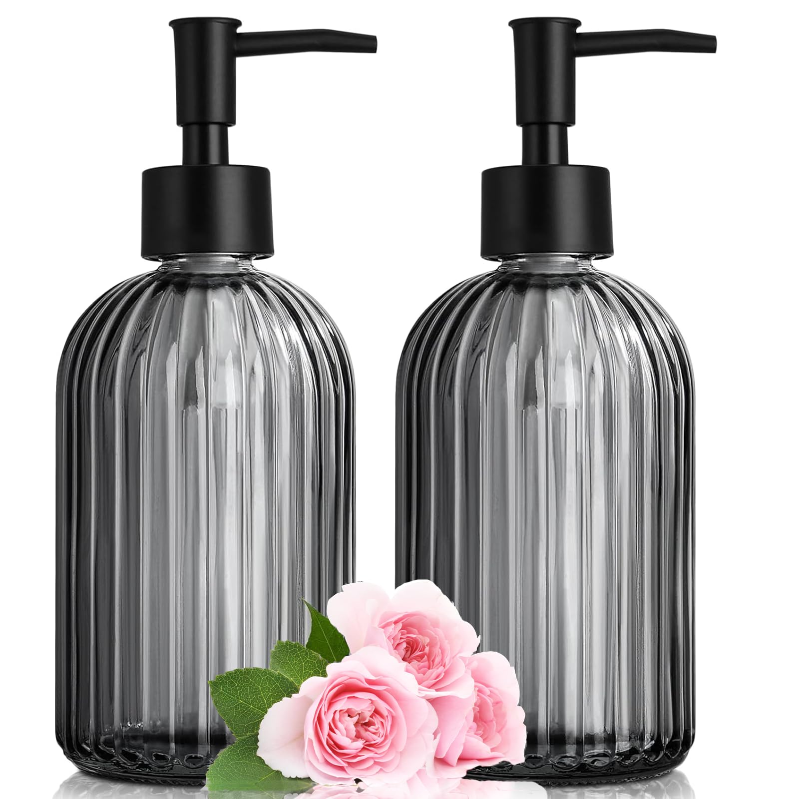 Juego de 2 dispensadores de jabón de cristal, dispensador rellenable de 400 ml con bomba de plástico negra, dispensador moderno de jabón líquido para lavavajillas, jabón de manos, champú en