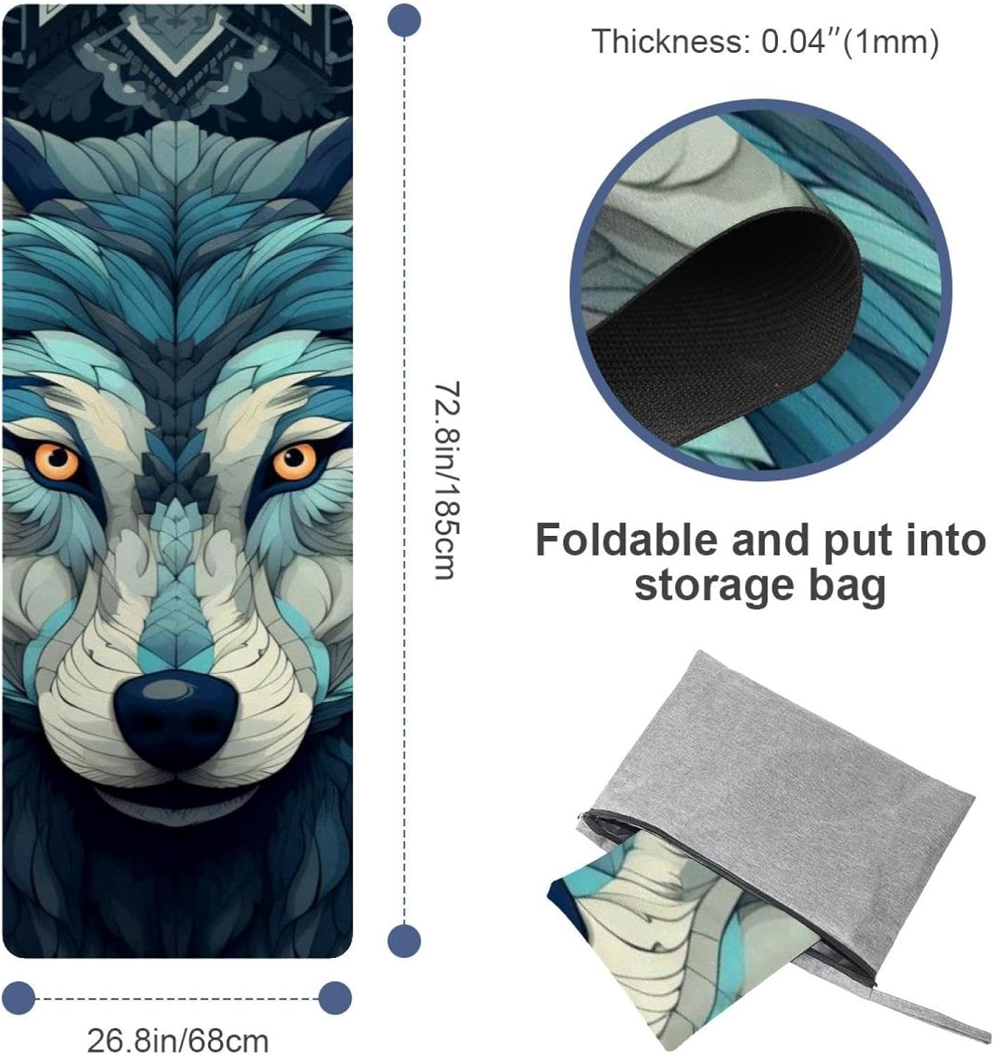 Yoga Towel, Wolf Animal Print Non Slip Sweat Absorbent Hot Yoga Mat Towel for Hot Yoga, Pilates and Fitness - 72.8" x 26.8"