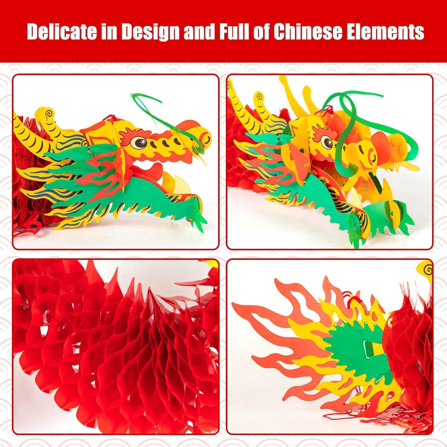 2Peces - Carta cinese 3D per Capodanno Dragon Garland con decorazioni rosse per la festa delle lanterne di primavera cinese e la festa di nozze