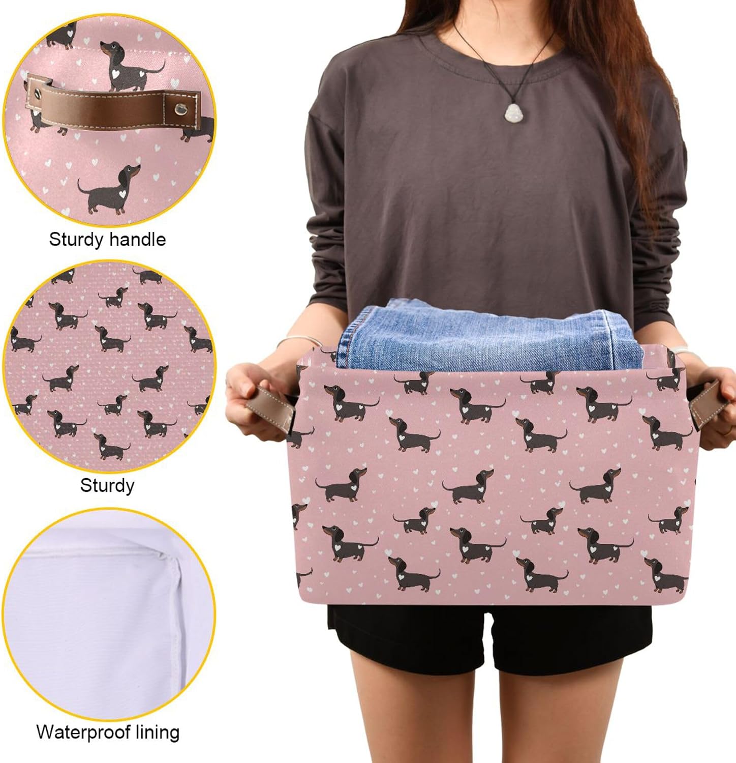 Wamika Pink Love Dachshund Dog Storage Basket Fabric Kitchen Baskets Cute Puppy Open Home Storage Bins Boxes Foldable Organizer Bag for Baby Cloth Pet Toy Book Shelf Closet Baskets 16×12×8 Inches