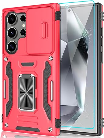 for Samsung Galaxy S24 Ultra Case with Sliding Camera Cover & Tempered Glass Screen Protector + Rotatable Ring Holder Kickstand Shockproof Slim Phone Case for Galaxy S24 Ultra 6.8",2024[Red]