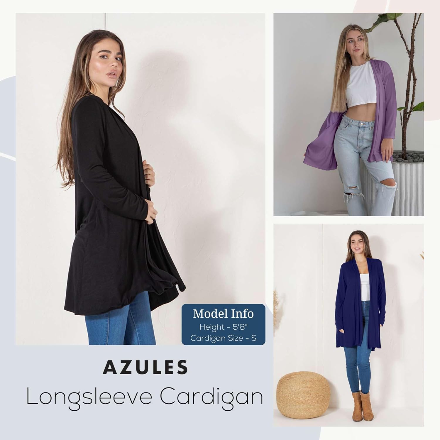 Azules 3 Pack Lightweight Cardigan for Women – Long Sleeve Open Front Longer Length & Flowy Rayon Casual for Everyday Wear