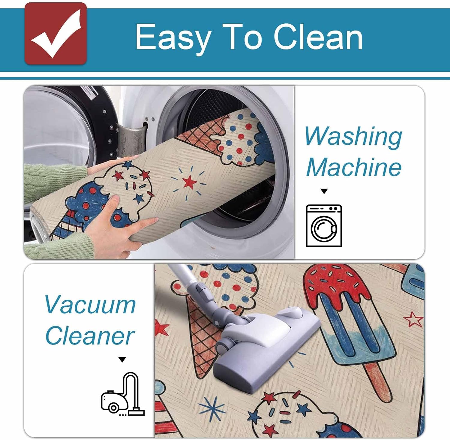 Prime Leader Retro Ice Cream Kitchen Mat Set 2 Pieces Independence Day Red Blue Star Abstract Non Slip Kitchen Rugs Washable Runner Rug Mats for Sink Laundry (23.6" x 35.4"+23.6" x 70.9")