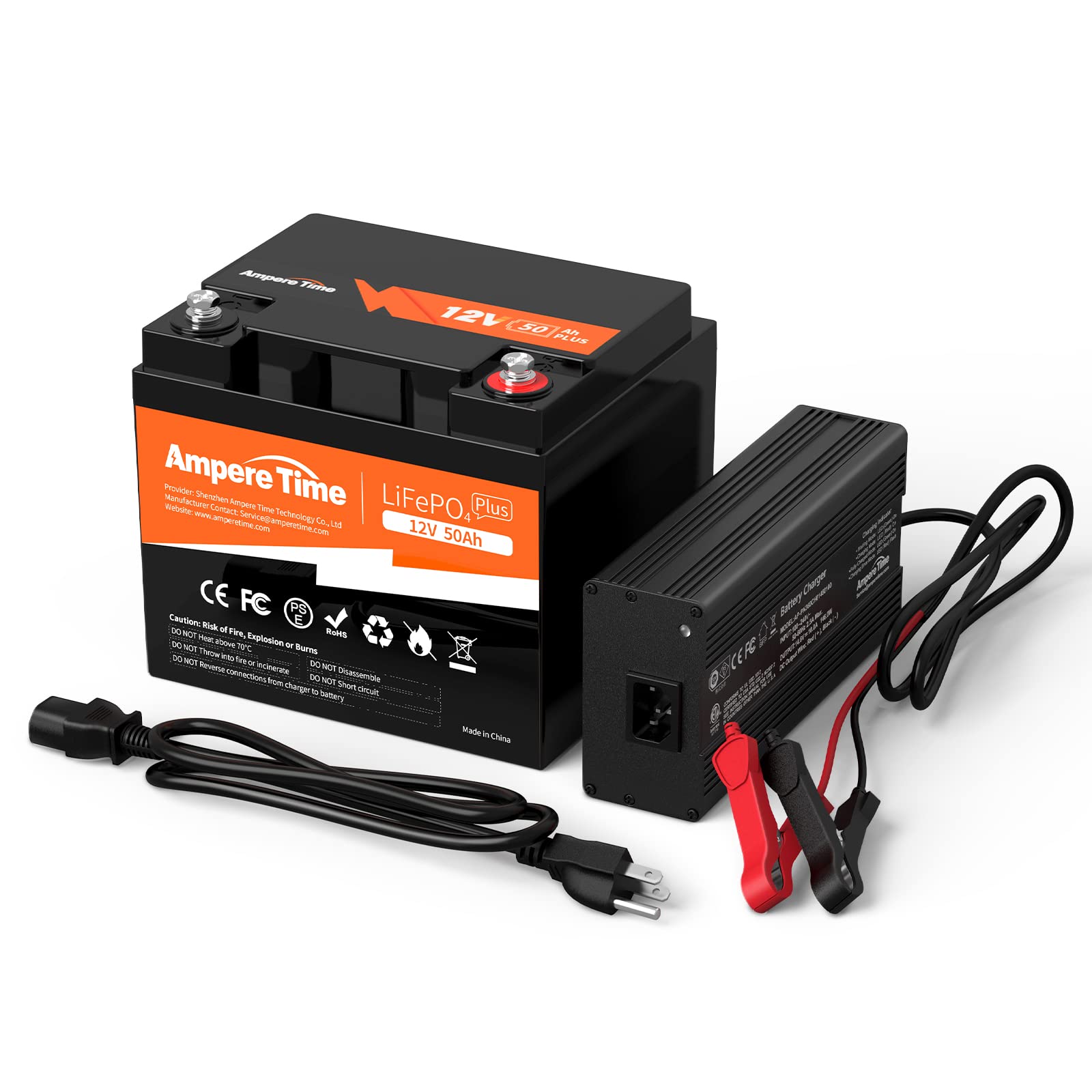 Ampere Time 12V 50Ah LiFePO4 Battery with 14.6V 10A Dedicated Lithium Battery Charger; Built-in 50A 
