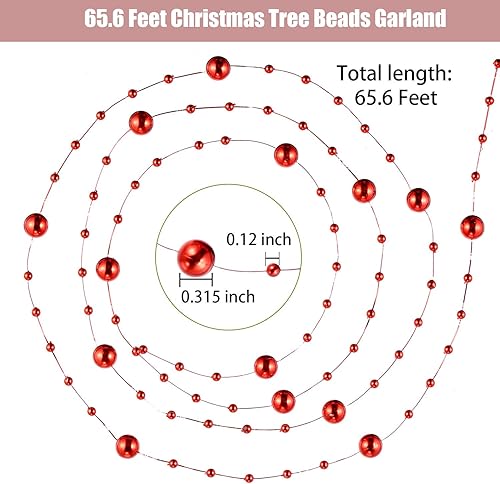 Miniatura 5 de Pangda Guirnalda de cuentas de árbol de Navidad de 65.6 pies, cadena de hilos de perlas de plástico para decoración de bodas de Navidad (rojo)