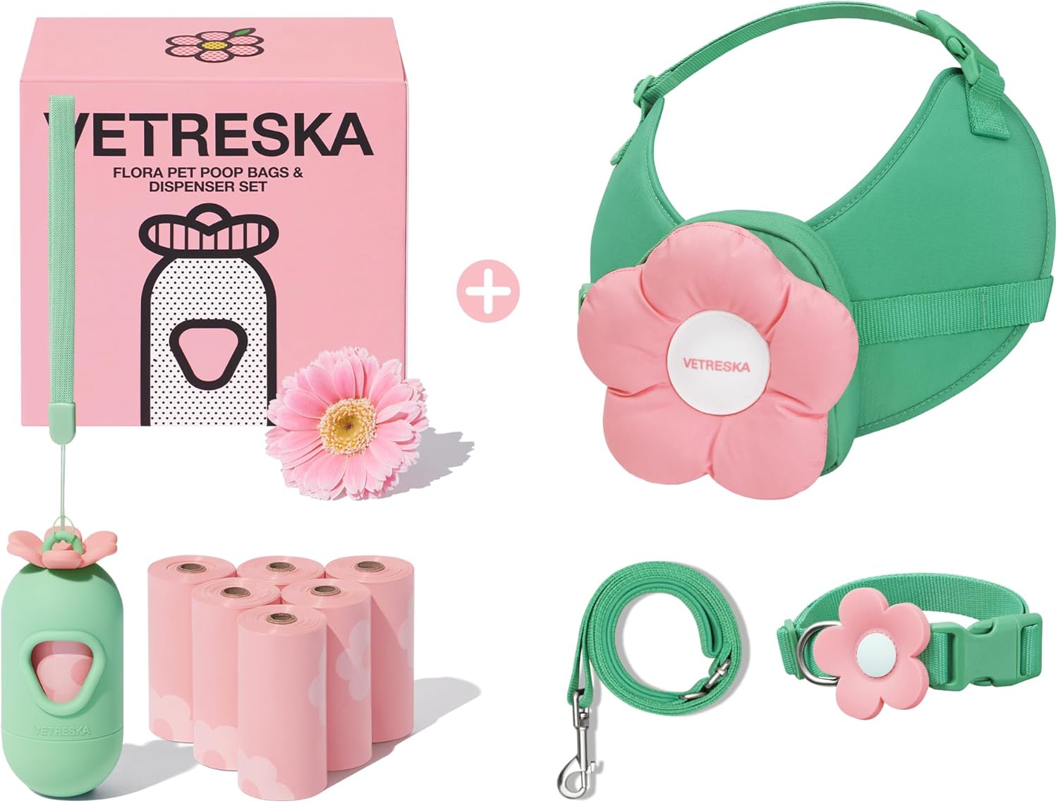 VETRESKA Dog Poop Bags with Dispenser & Flora Dog Harness, Leash and Collar Set