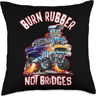 Funny Classic Muscle Car and Vintage Car Cartoons Burn Rubber Not Bridges Fun Retro Nostalgia Car Cartoon Art Throw Pillow, 18x18, Multicolor