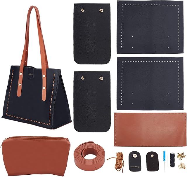 PandaHall DIY Tote Leather Bag Kit Black Brown Large Tote Bag Easy Handcraft Shouler Bag with Insert Organizer Bag Straps Screws Buckles and Kintting Tool Screwdriver for Women Purses Bags Gifts