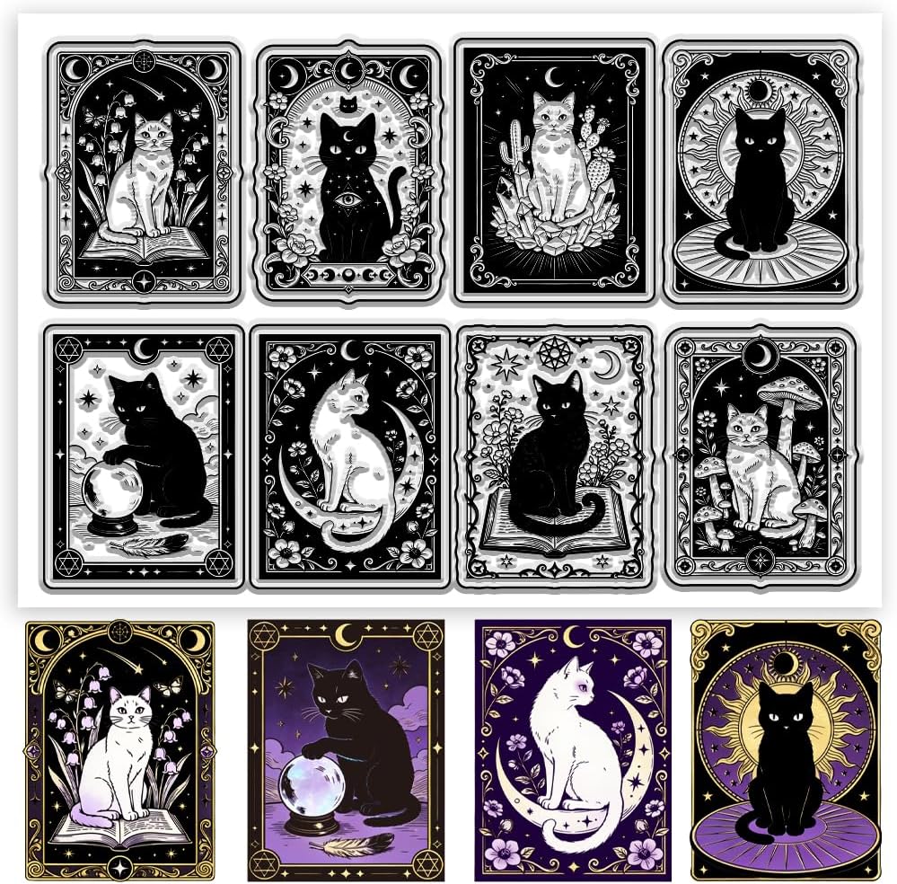 Mysterious Cat Pattern Clear Stamps Tarot Cards Pattern Silicone Stamp Seal for DIY Scrapbooking and Card Making Paper Craft Decor, 6.3 × 4.3 Inch
