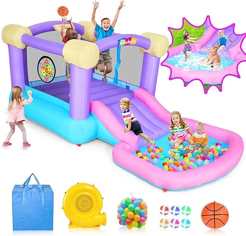 Miniatura 9 de Tobogán acuático inflable para niños 8 en 1 parque acuático de 158 x 138 x 89 pulgadas con soplador de 450 W + 2 cañones + pared de escalada +