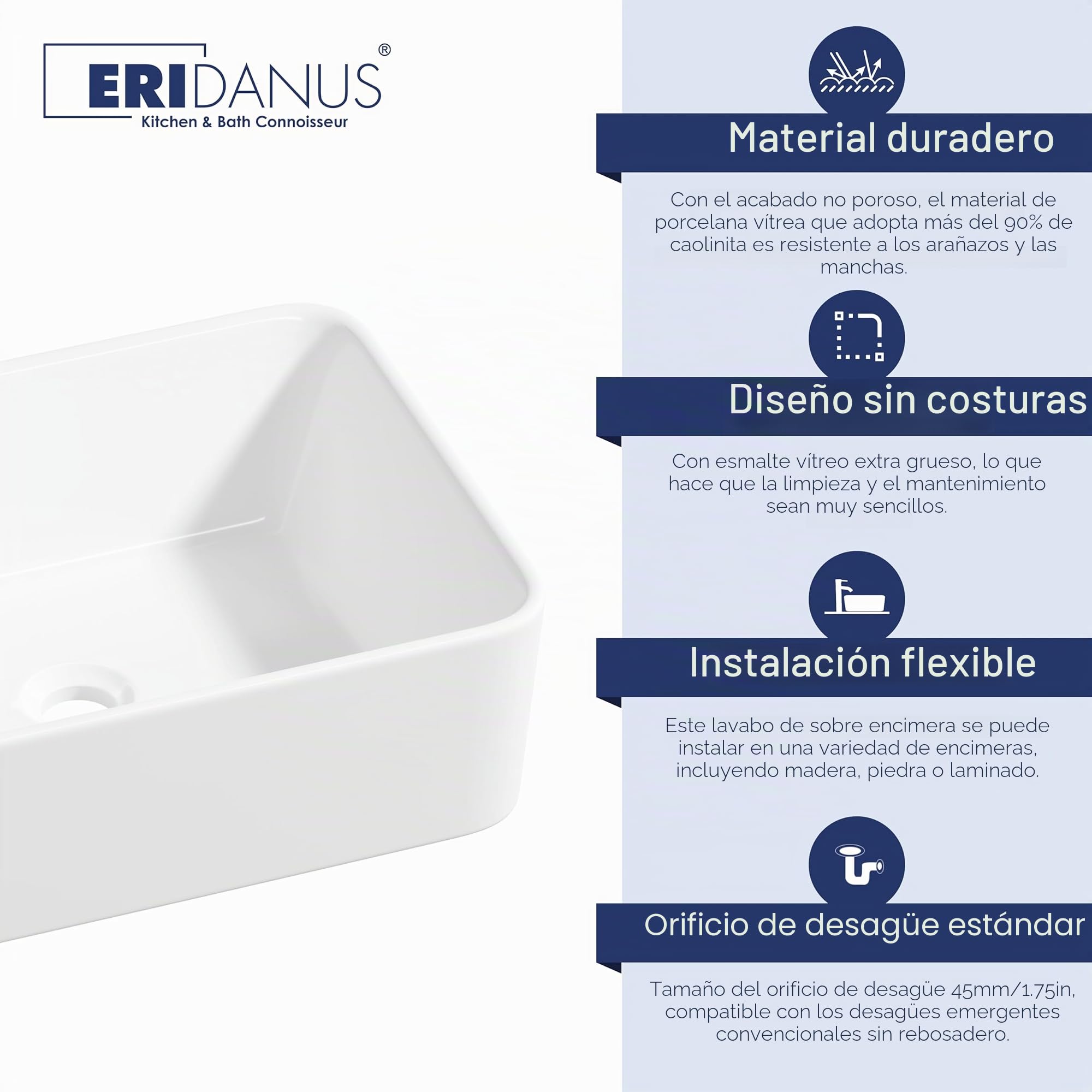 Eridanus Lavabo rectangular de cerámica para encimera de baño, moderno lavabo cuadrado de porcelana vítrea para tocador, color blanco brillante, 400 x 300 x 130 mm