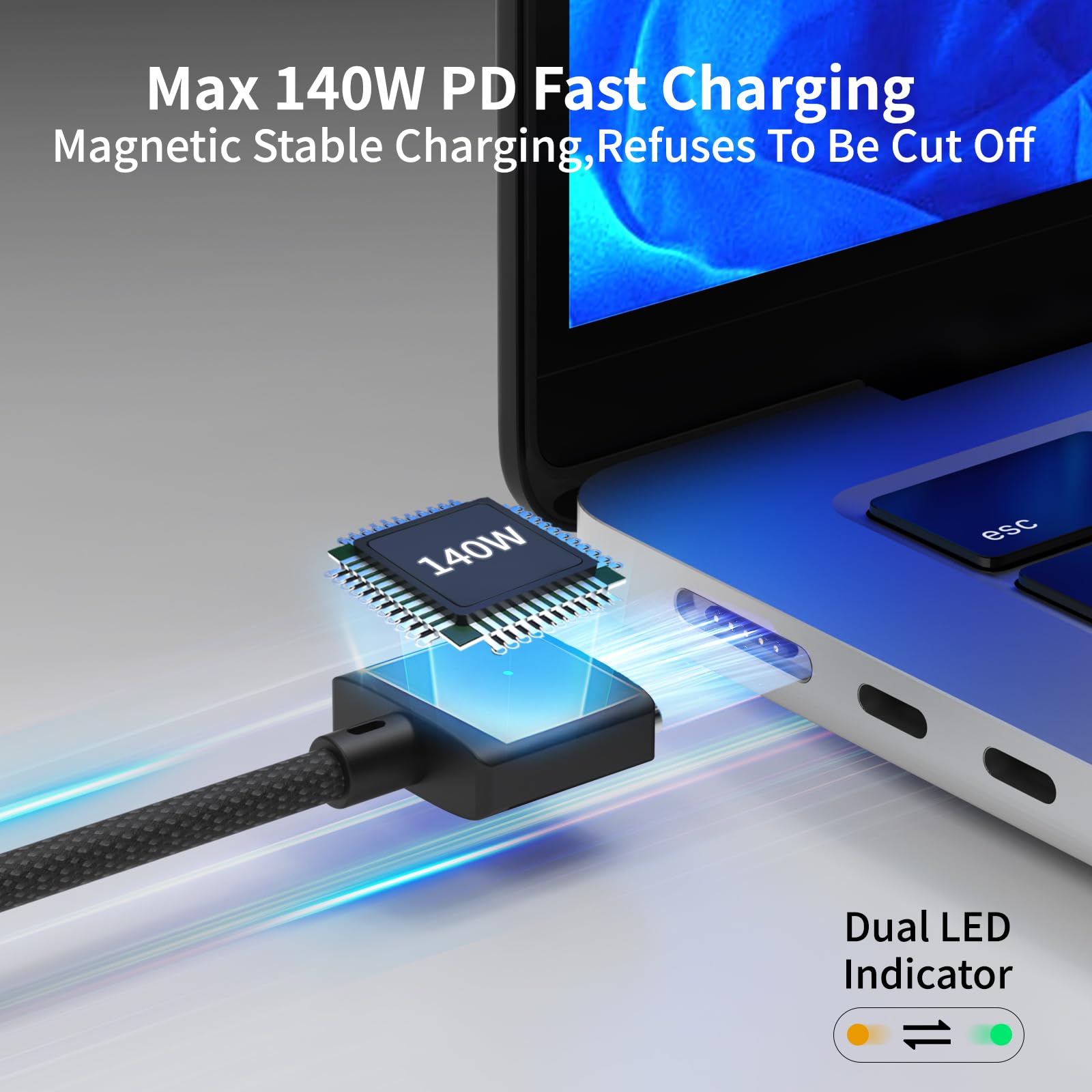 Cable USB-C a magnético 3 compatible con carga Magsafe - Carga rápida de 140 W, cable trenzado de 2 m para MacBook Pro/Air M4 M3 M2 modelos (2021-2026) - Blcak