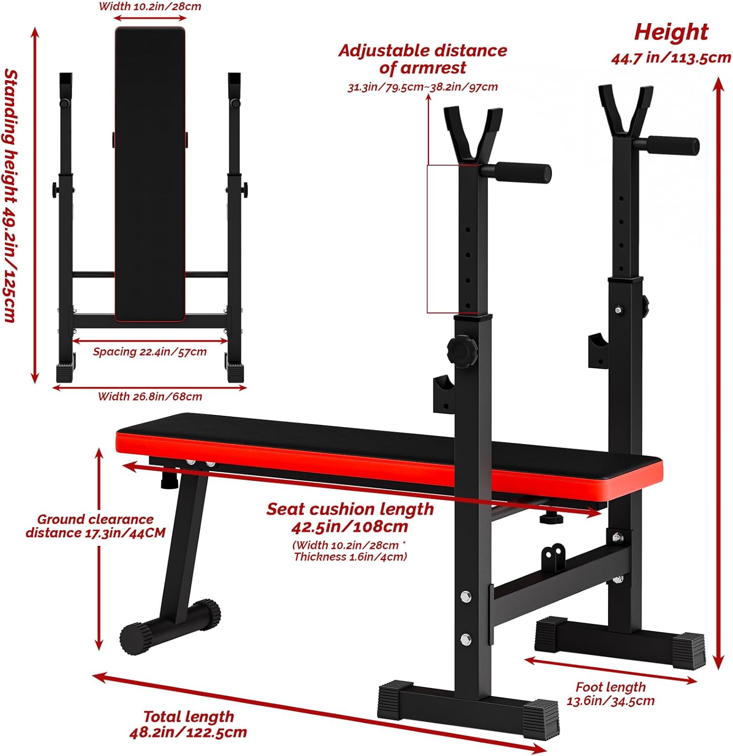 Weight Bench,Bench Press Bar and Weights 500 LBS Adjustable Weight Bench with Barbell Rack, Bench Press Set with Leg Extension, Preacher Curl Pad, Workout Bench for Home Gym (Red)