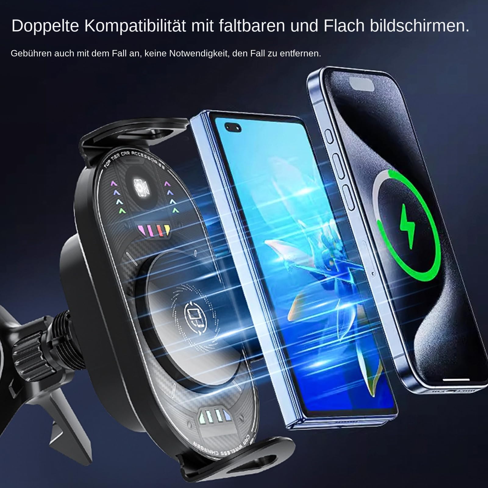 Supporto per cellulare da auto con caricabatterie, 15 W, pieghevole, girevole, ricarica rapida | Supporto di ricarica per smartphone in auto per bocchetta di ventilazione e la maggior parte dei veicoli