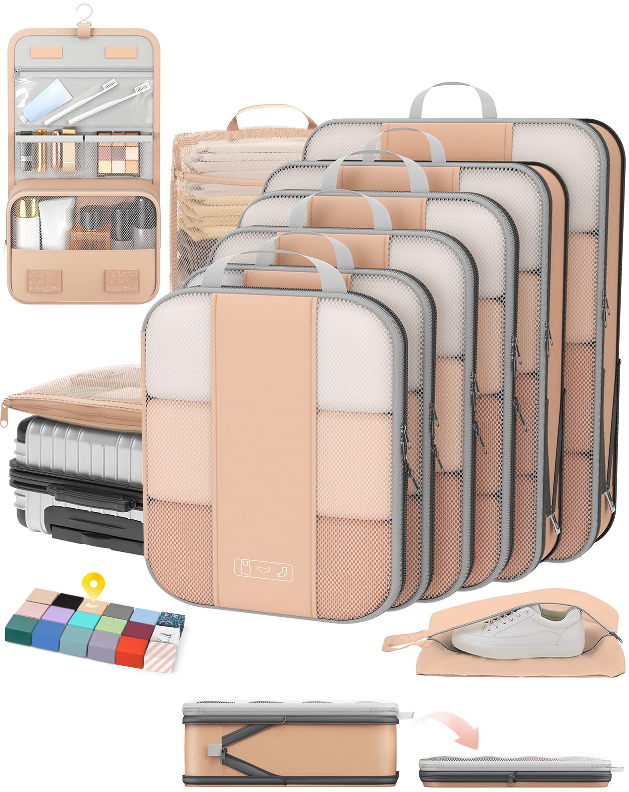 OlarHike 10 Set Compression Packing Cubes for Travel Essentials,Compressible Expandable Space Saver Bags for Organizing Clothes,Luggage Suitcase Garment Bags with Over 1000 pcs Mesh Holes(Gold)
