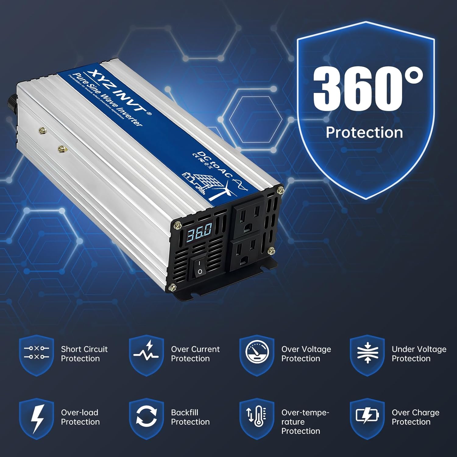 1000W Pure Sine Wave Inverter DC 36V to AC 110V 120V, 2000W Peak Power Inverter with 2 AC Outlets and LED Display for Car, Truck, Solar, Home Off Grid Over 90% Efficiency