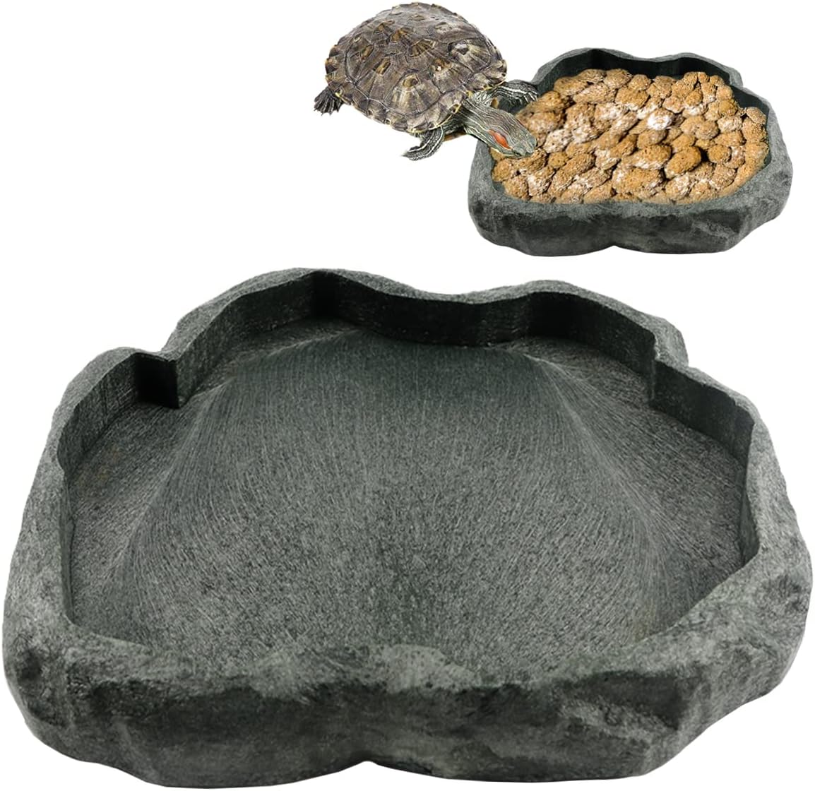 Reptile Water Dish Bowl Resin Rock Reptile Food and Water Feeder Pet Aquarium Ornament Terrarium Plate for Tortoise Lizard (Drak Green Large)