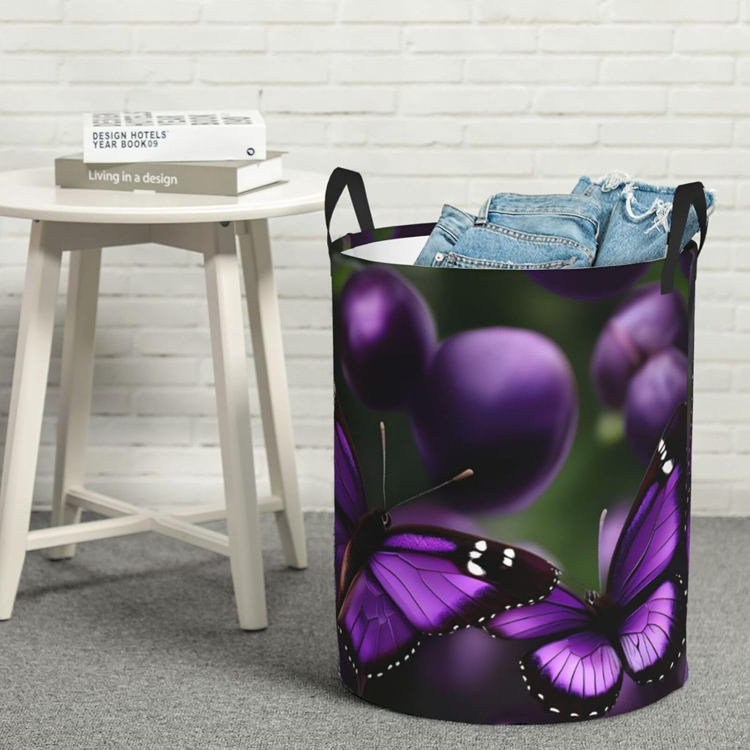 Purple Plum Butterfly Print Circular Protable Storage Bin,Basket For Laundry Hamper With Handles Bedroom Clothes