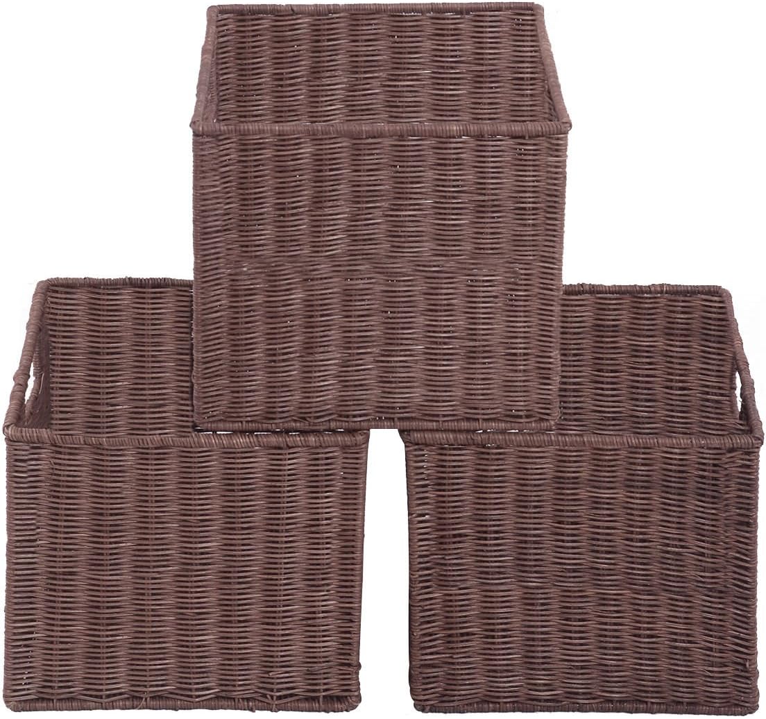 Set of 3 Wicker Rattan Storage Baskets Nest Nesting Sage Cube Bin Box Organizer Home Office Room