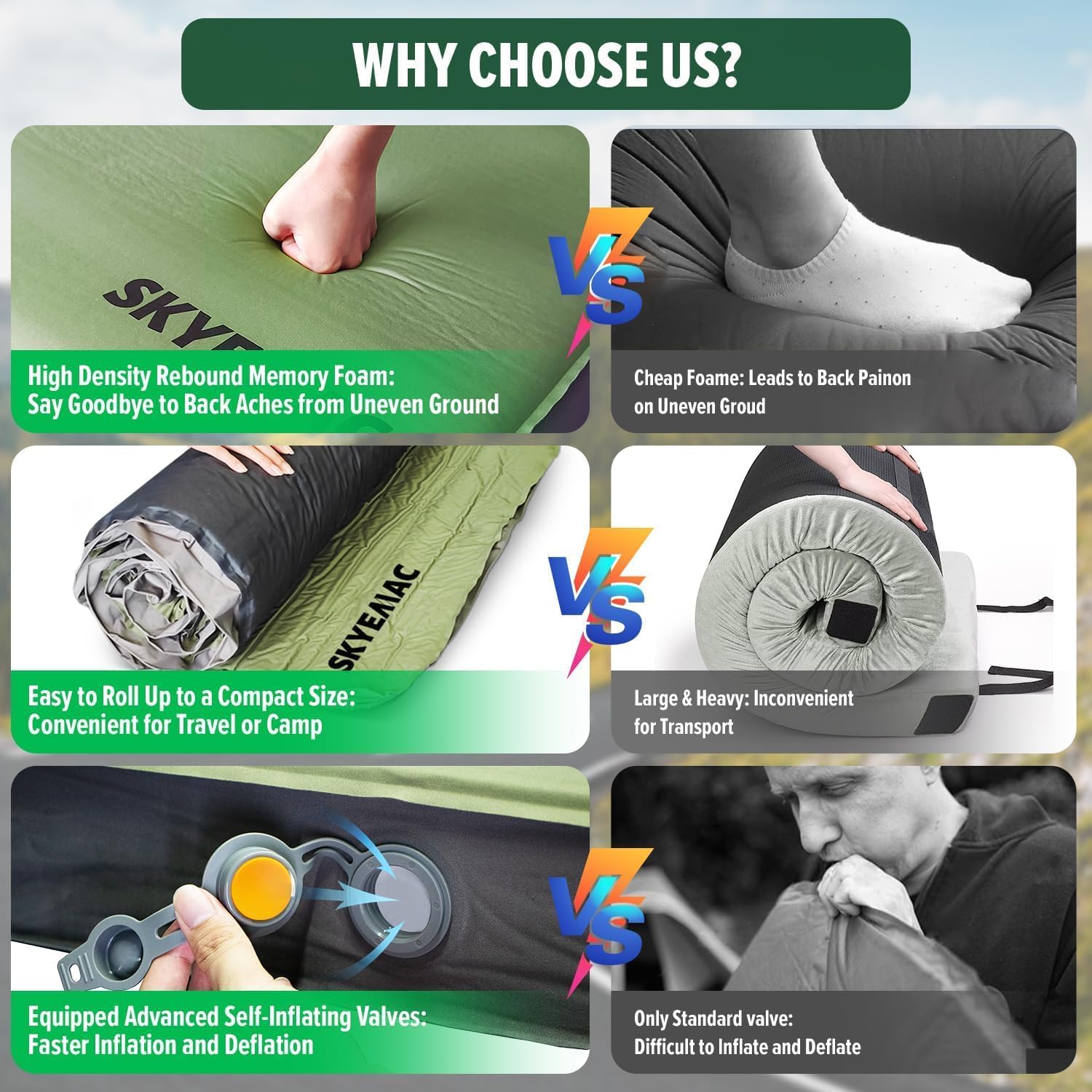 SKYEMAC 4" Thick Self Inflating Sleeping Pad with 13R Memory Foam, 78" x 29" Camping Mattress with Pump Sack, Portable Roll Up Bed, Inflatable Outdoor Mat for Rooftop Tent Car Truck Van, 4 Season