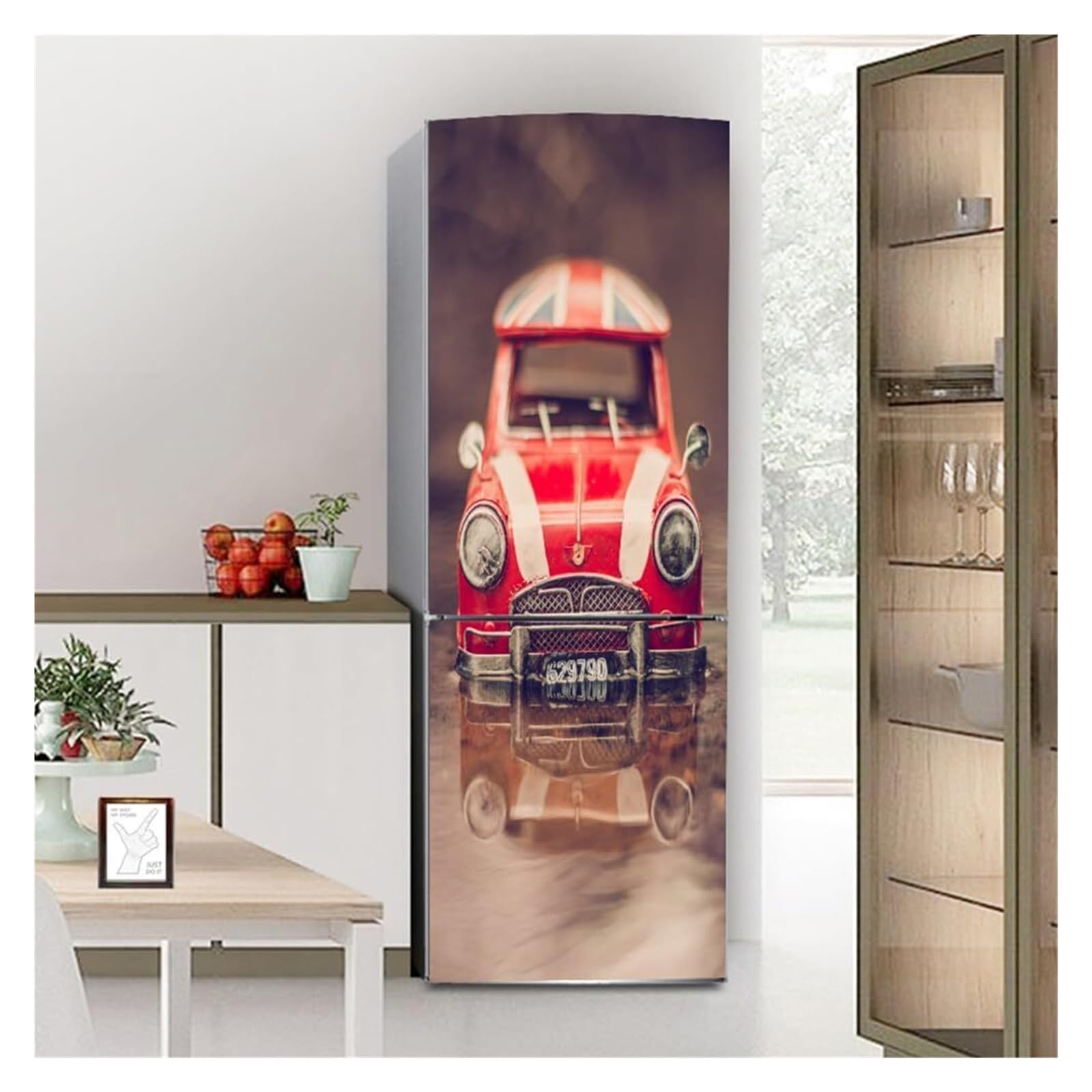Self-Adhesive Fridge Stickers, Freezer Skins Wall Stickers for Kitchen Decal, Red Iron Retro car Vintage(M: 60x180 cm)