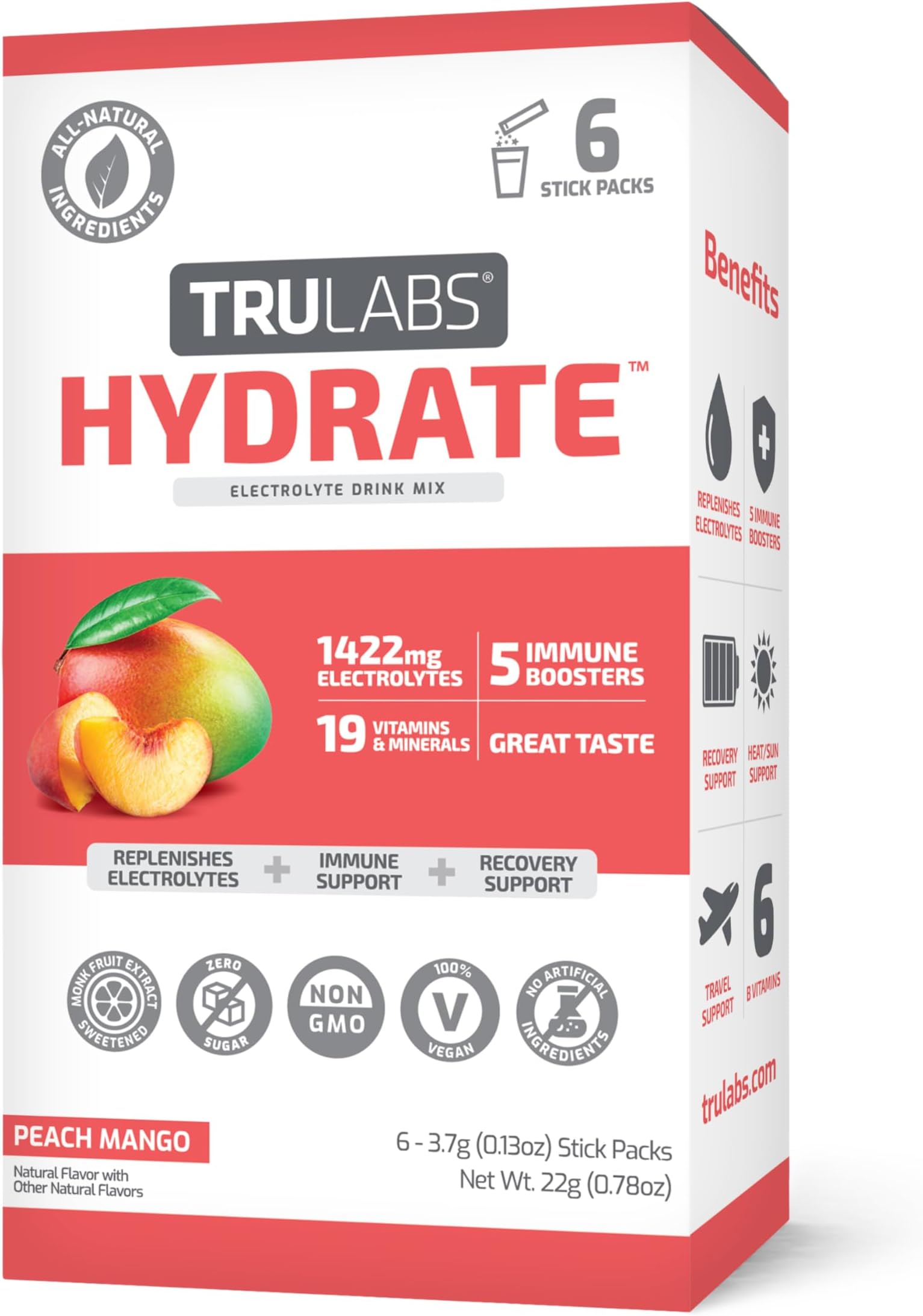 TRULABSHydrate - Peach Mango. Sugar Free Electrolytes Hydration Packets. Each Serving Contains 1422 mg of Electrolytes &19 Vitamins & Minerals (6ct)