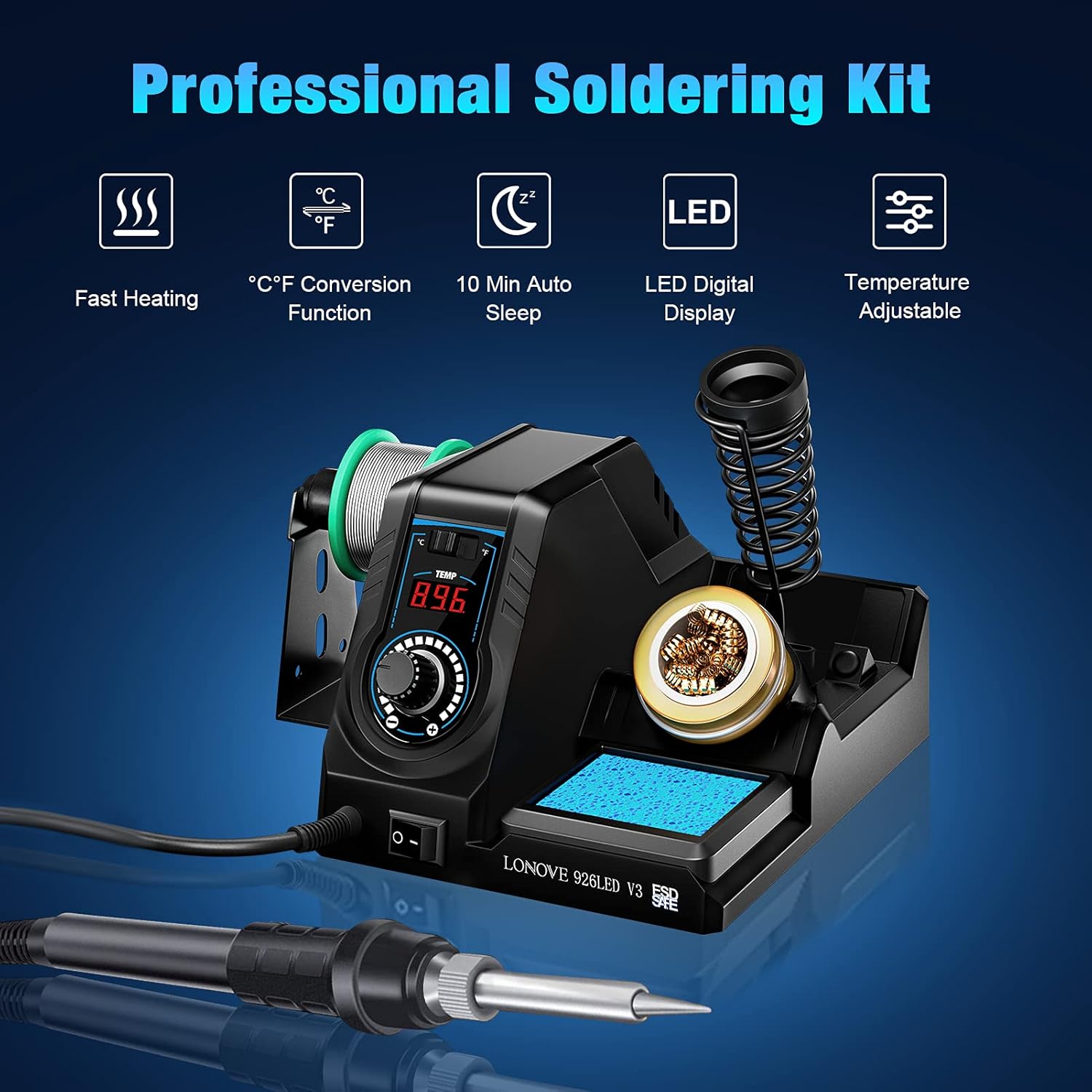 Soldering Iron Station Kit, Soldering Station w/ 392℉~896℉ Adjustable Temperature (C/F),10-Min Sleep Mode, LED Display Digital Soldering Iron Kit, Fast Heating Up (Black) - - 