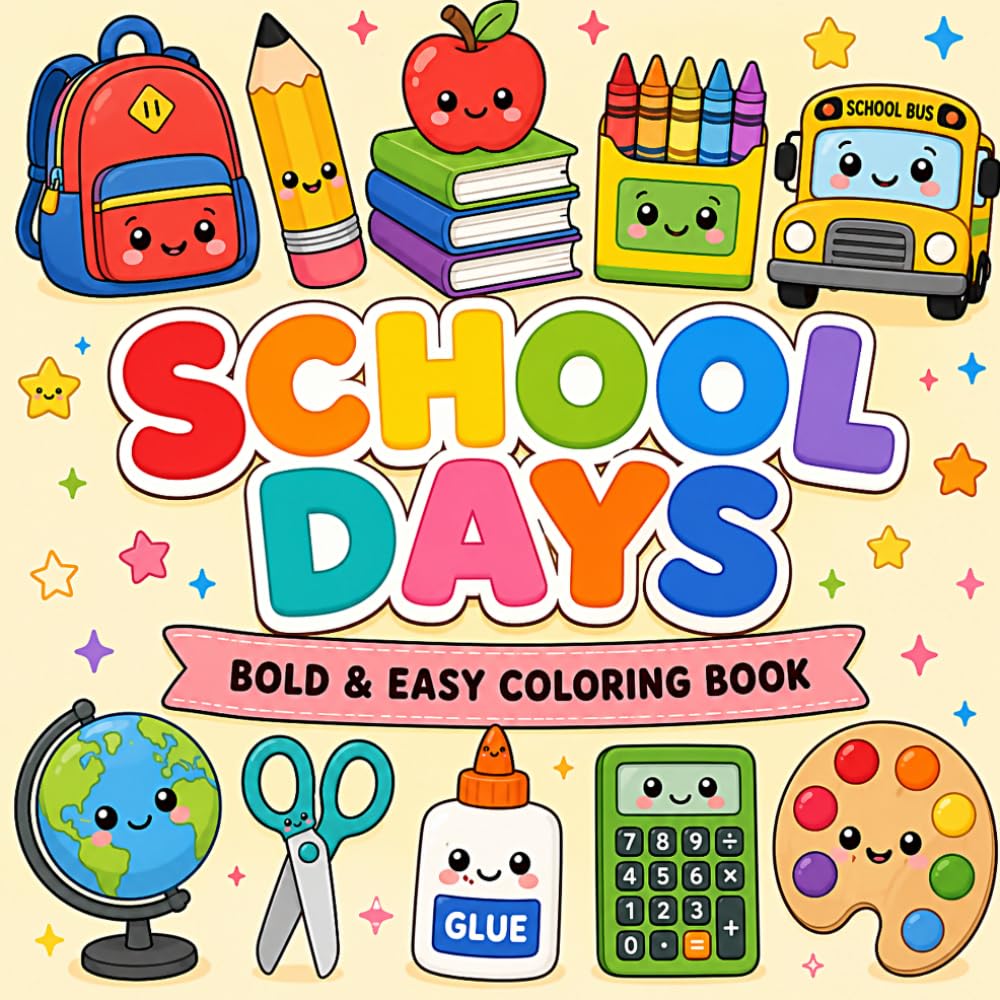 School Days: Bold And Easy Coloring Book — 40 Cute School Designs for Kids & Adults | Backpacks, Books, Buses, Crayons & More | Fun Back-to-School Coloring